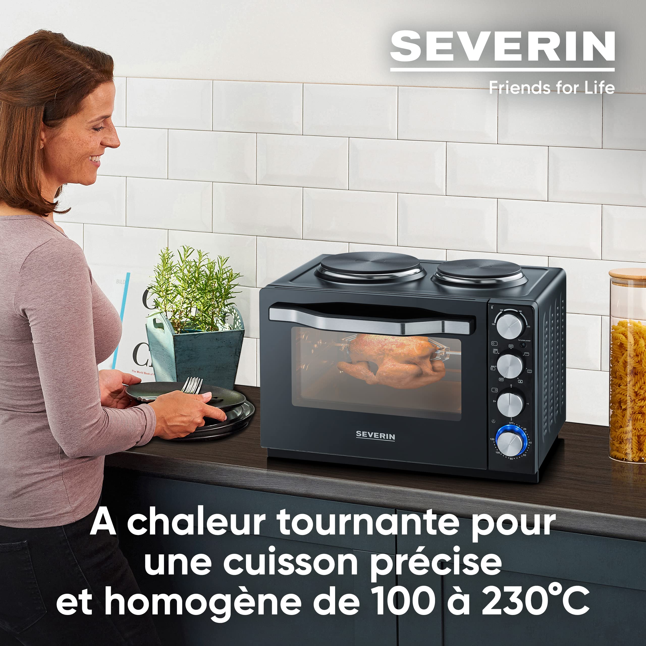 SEVERIN Mini-Four à chaleur tournante 30 L avec tournebroche et plaques de cuisson, Four posable 2 500 W design élégant, Mini-four électrique minuteur 120 min, Noir/Inox, TO 2065