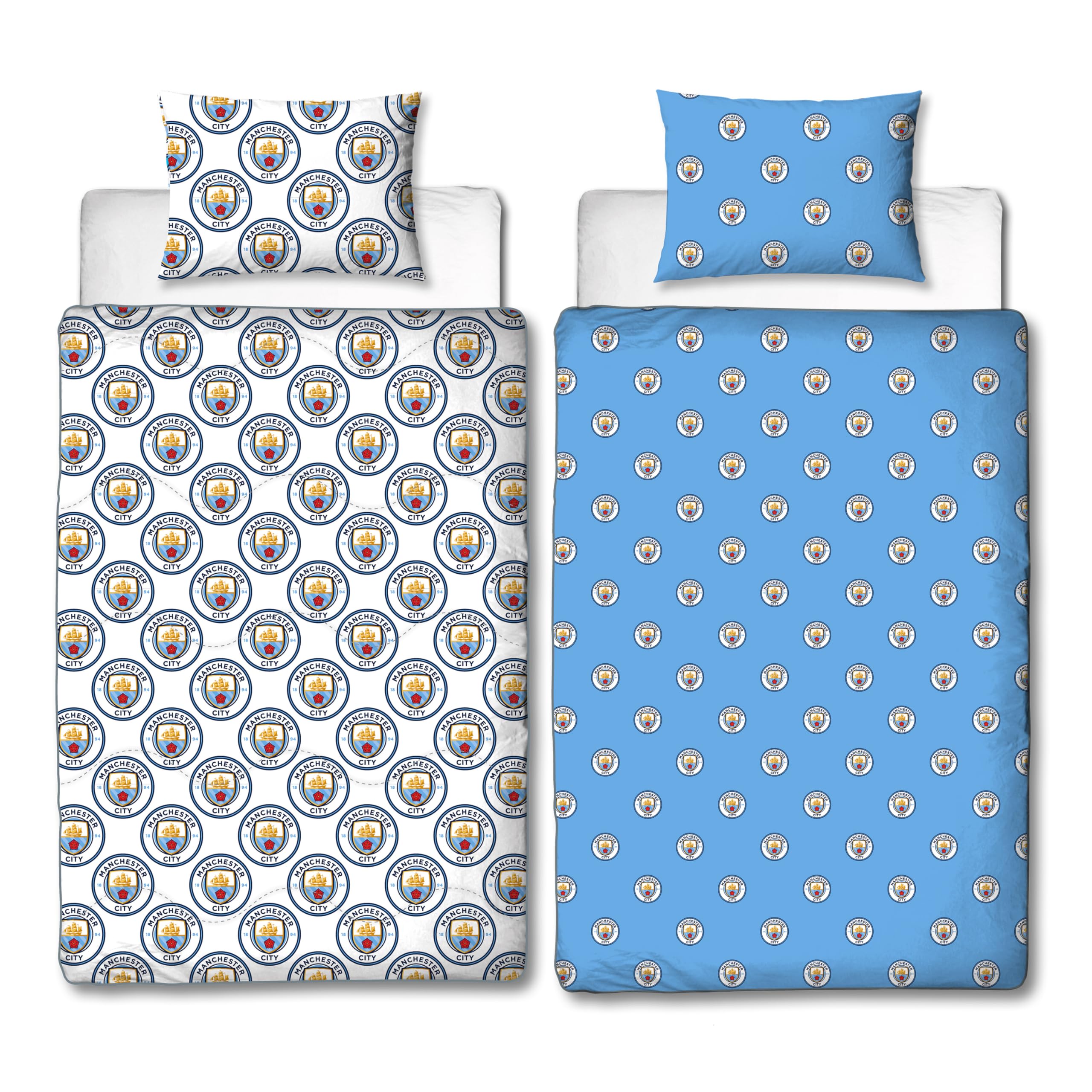 Character World Official Manchester City FC Single Bed Coverless Duvet Bedding | Reversible Coverless Quilt, Pillow & Pillowcase | Washable Duvet | Perfect For Travelling & Sleepovers | 10.5 tog