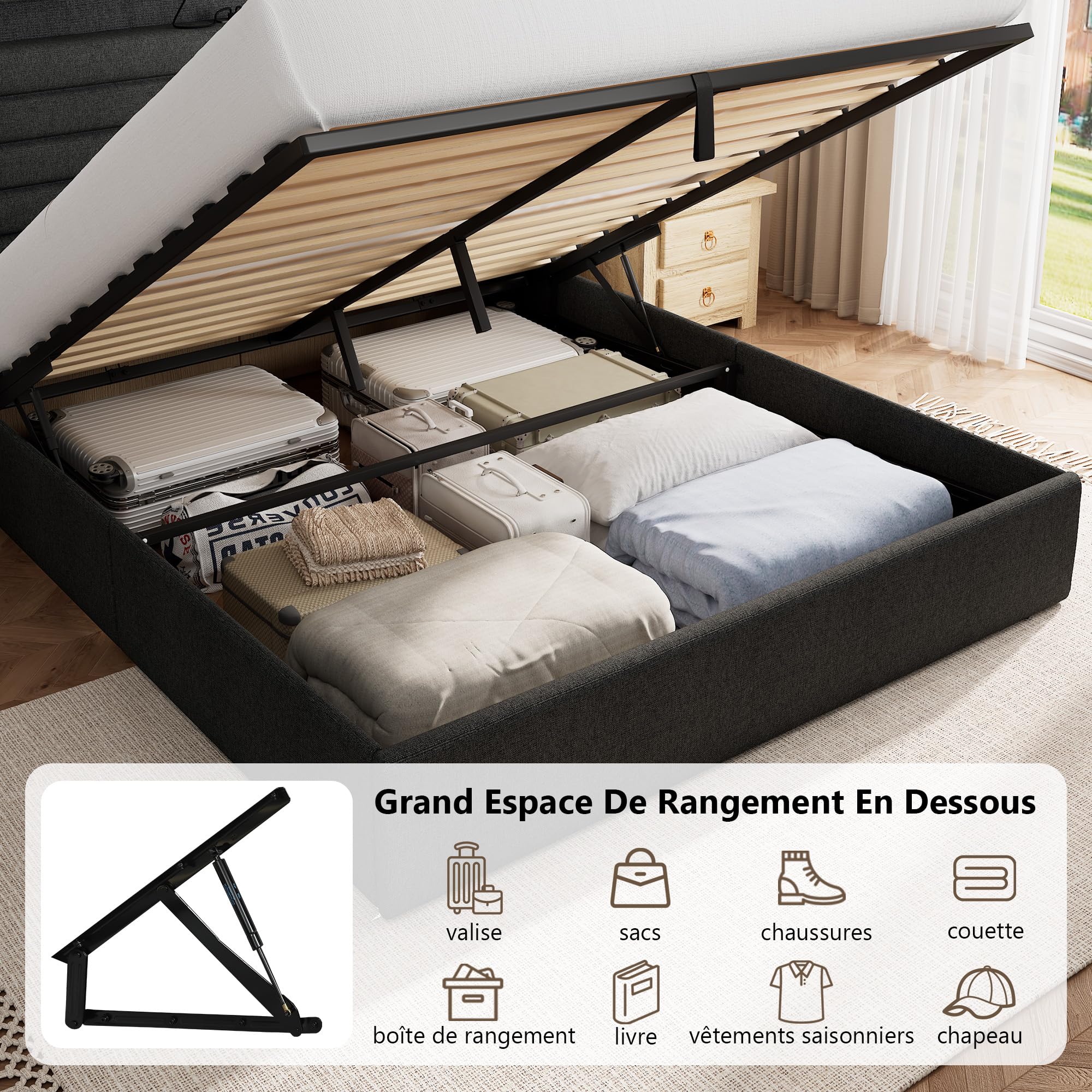 Feonase Lit 140 x 200 cm avec Espace de Rangement, rembourré, 140 x 200 cm, avec Espace de Rangement hydraulique et en Lin, Cadre de lit avec sommier à Lattes, sans Matelas, Gris foncé
