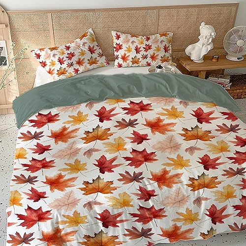 Miniatura 2 de Juego de funda de edredón de 3 piezas de hojas de otoño, tamaño Queen de 90 x 90 pulgadas, con 2 fundas de almohada, juego de funda de edredón de