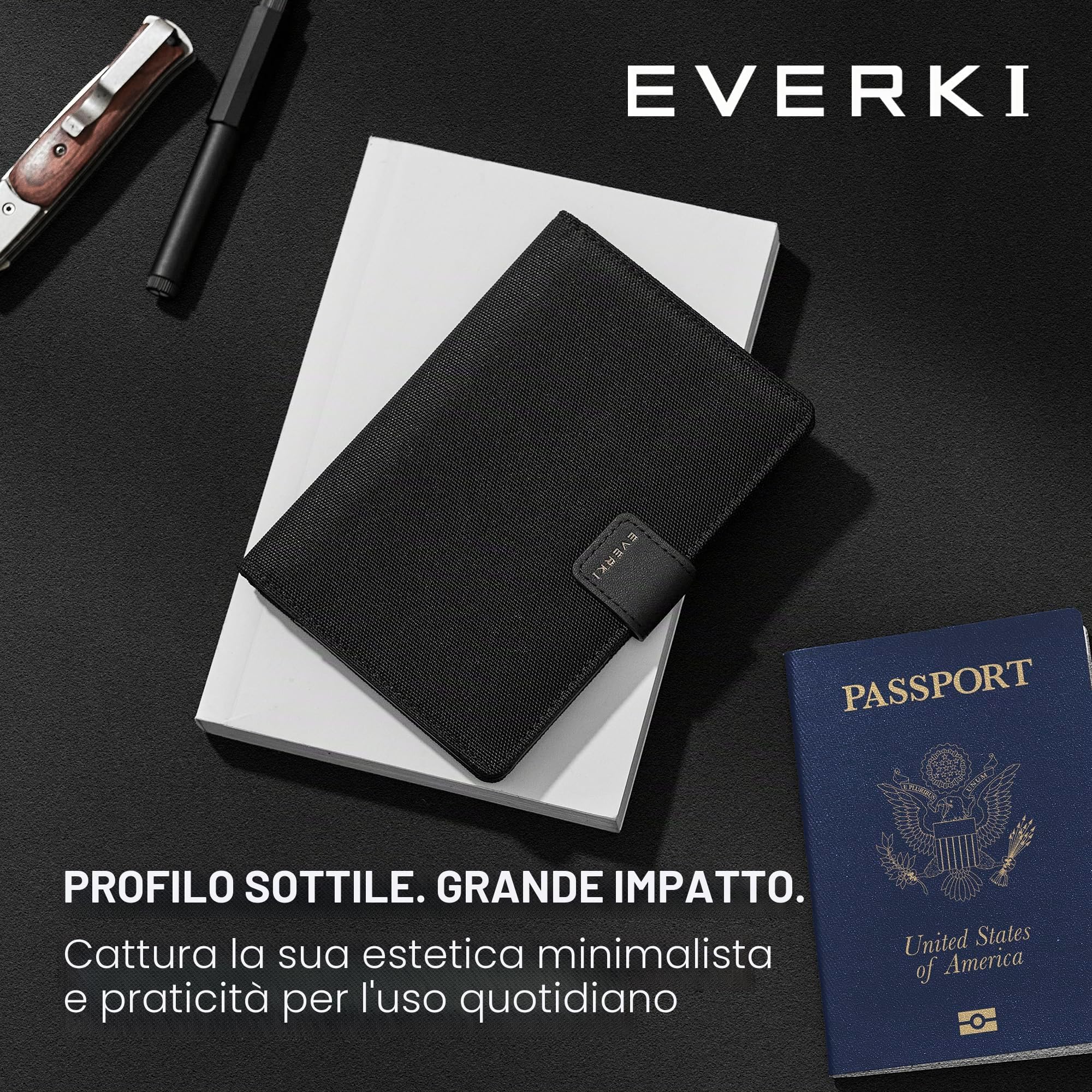 Everki porta passaporto RFID – custodia sottile anti-RFID per viaggio, copertura protettiva per passaporto, accessorio da viaggio donna/uomo – Nero