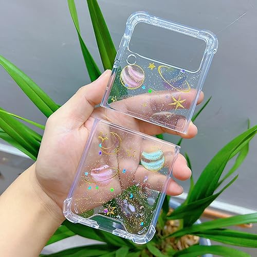 Miniatura 7 de Abbery Funda para Samsung Z Flip 5 5G, con diseño de temática espacial, transparente, con diseño brillante, estrellas brillantes y planeta luna,