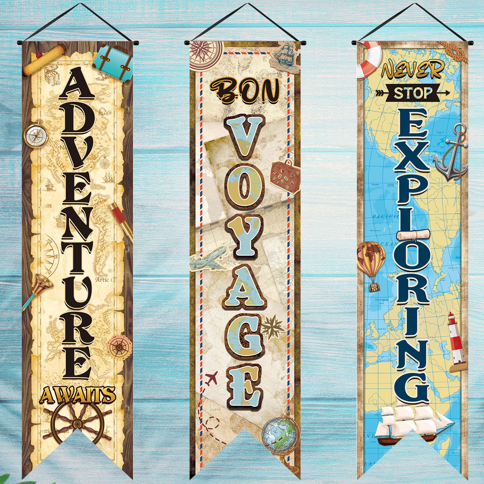 Chiisong 3 Pieces Travel Themed Party Decorations Adventure Awaits Banners Vintage Bon Voyage Porch Signs for Indoor Outdoor Graduation Retirement Hanging Backdrops Going Away Farewell Party Decor