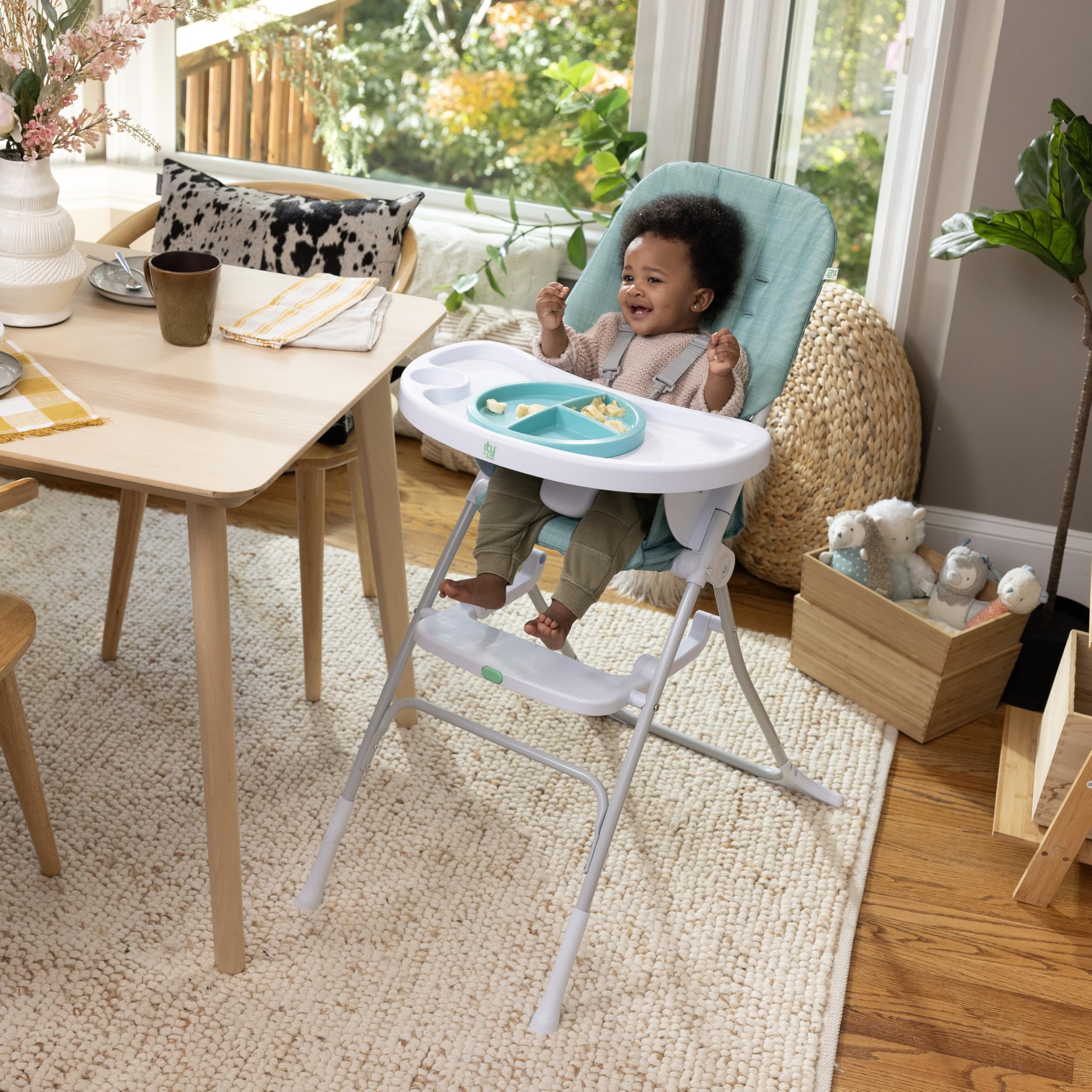 Ingenuity: ity by Ingenuity, Chaise Haute Pliable Compacte Sun Valley, Assiette Sûre Alimentaire, Harnais 5 Points, Dès 6 Mois, Unisexe - Turquoise