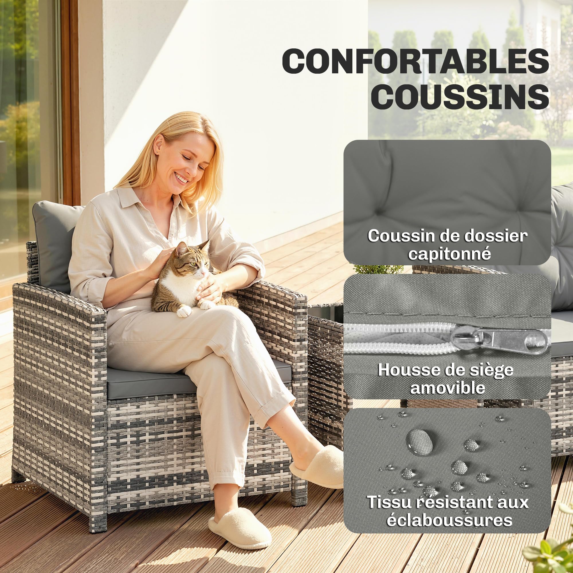Outsunny Salon de Jardin Extérieur 3 Pièces en Résine Tressée Gris Clair | avec Table de Rangement, 2 Fauteuils, Coussins Déhoussables, Mobilier Terrasse Patio Balcon
