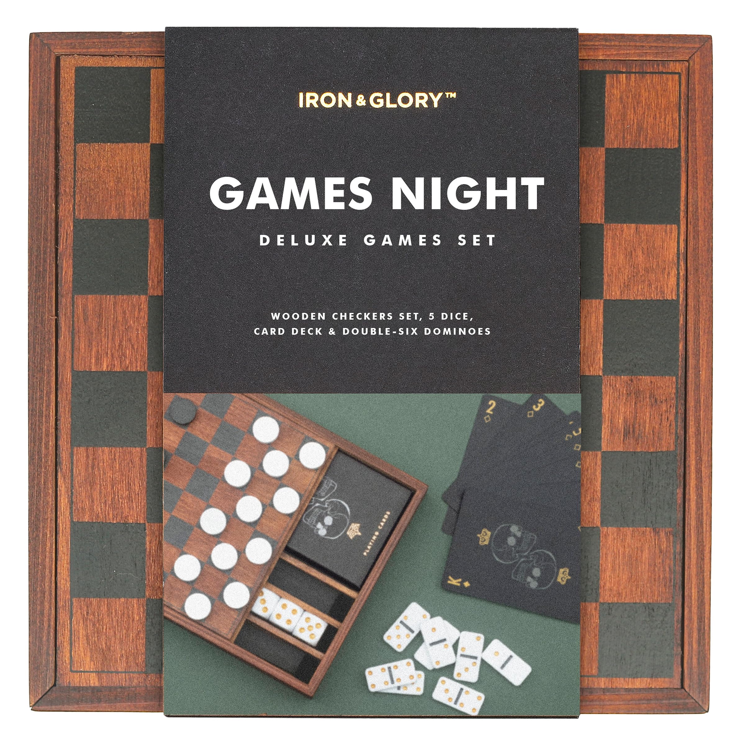 Iron & Glory Games Night | Spiele für Erwachsene für den Spieleabend | 4 in 1 Spiele für Erwachsene | Spiele in Reisegröße & Tischspiele | Klassische Brettspiele | Inklusive Spielkarten, Domino-Set &
