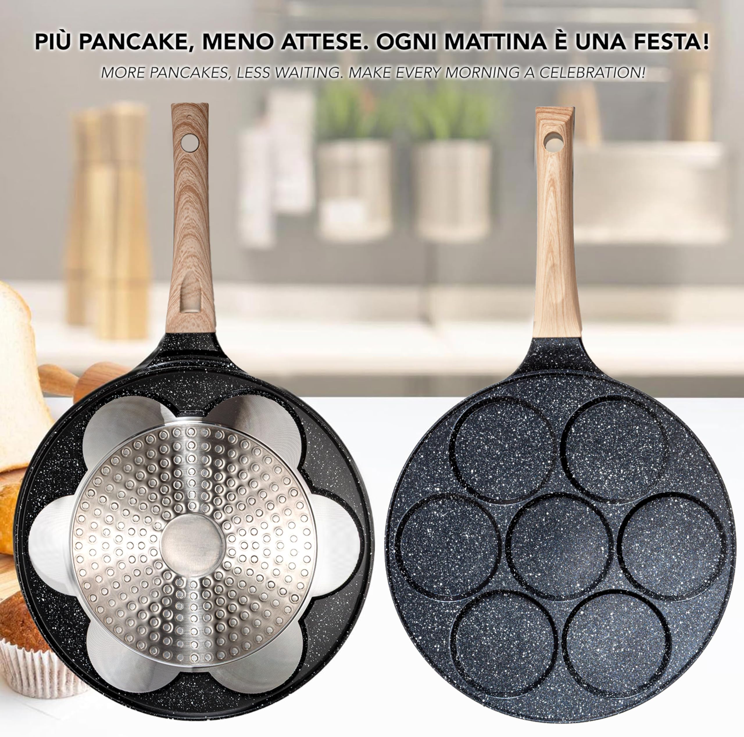 IPEA Padella Pancake Antiaderente per Induzione e Gas - Anti Aderente in Alluminio Per Frittata, Crepes, Uova, Hamburger - Padella da Cucina con 7 Stampi - Manico Comfort - 29 x 26,5 cm