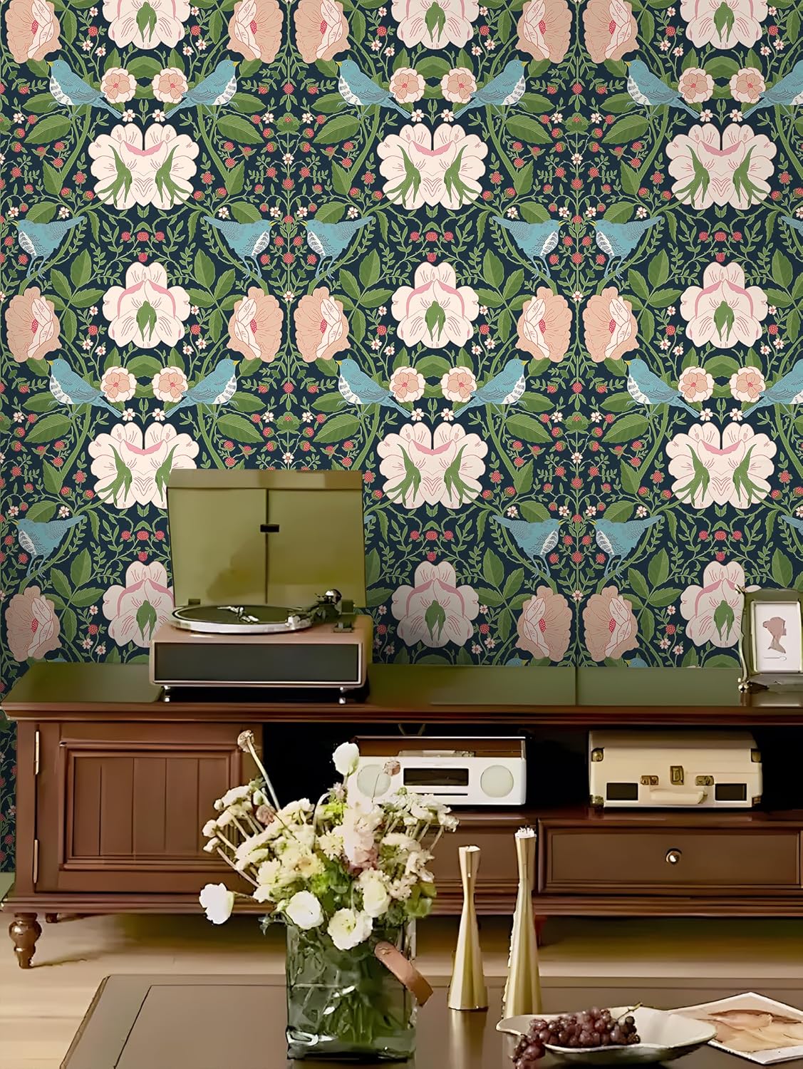 Vintage Floral Peel and Stick Wallpaper Strawberry Bird Self Adhesive Wallpaper for Bedroom Removable Renter Friendly Stick on Wallpapers Floral Contact Paper 17.5 x 118 in