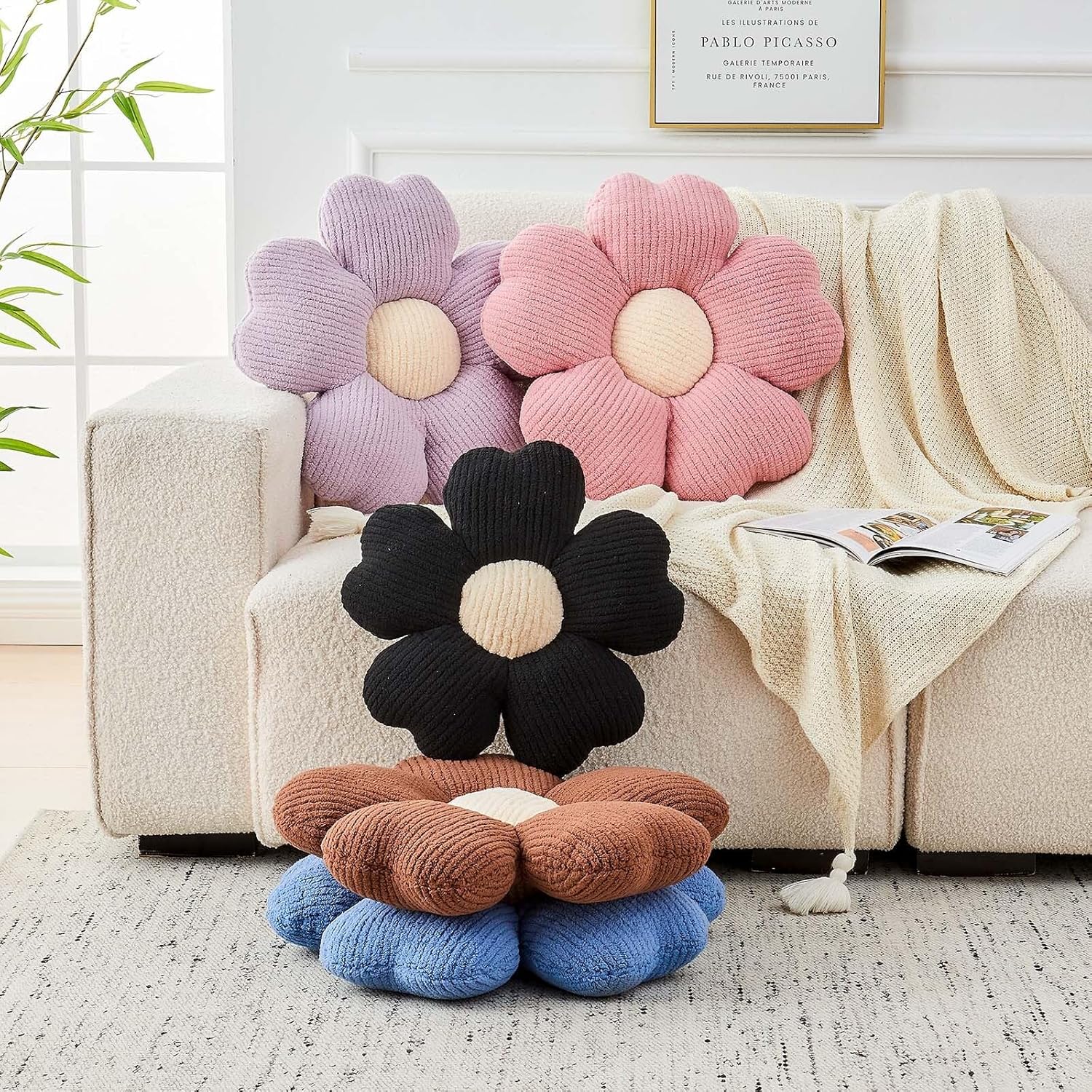 Flower Throw Pillow, Cute Flower Shaped Pillow Decorative Throw Pillow for Bed Couch, Soft Daisy Pillows Floor Seating Cushion Cushions (14.9 Inch Purple) - Image 4