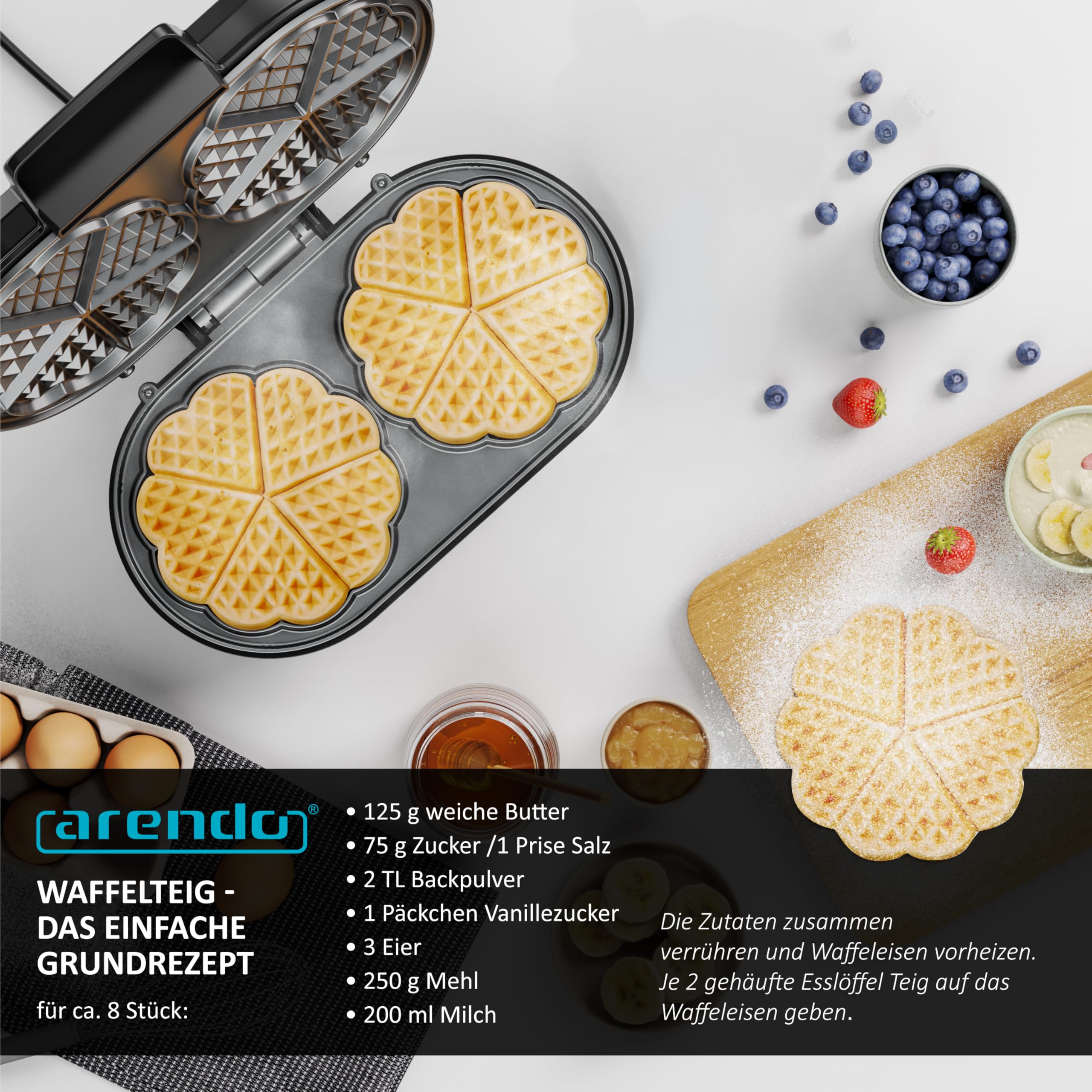 Arendo - Waffeleisen doppelt - Herzform – 1000 Watt – Waffel Maker – antihaftbeschichtet – Herzwaffeln – Temperaturregler - Waffelbackgerät