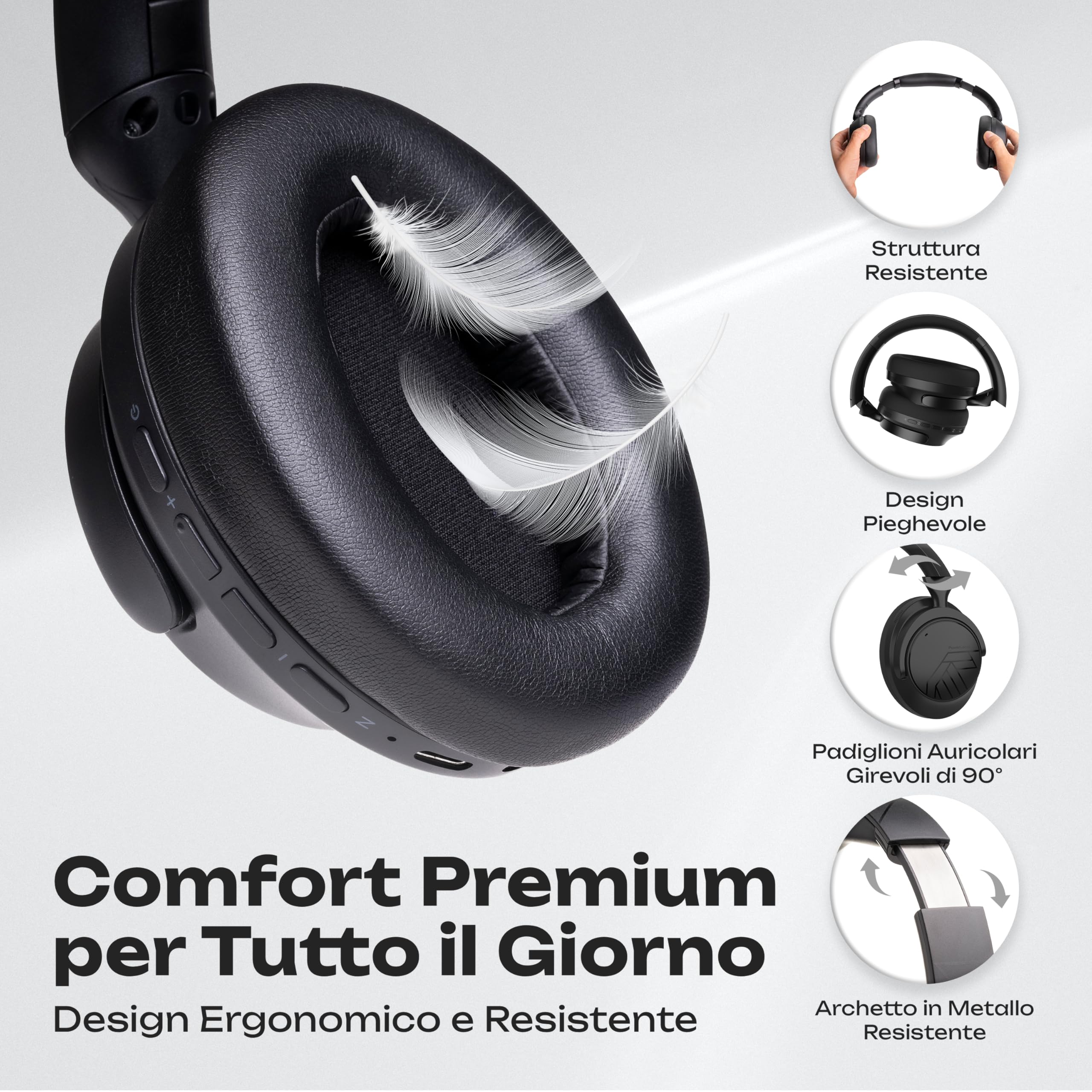 PowerLocus Cuffie Wireless Cancellazione Rumore Attiva Ibrida, Cuffie Bluetooth Over Ear, 70 Ore di Riproduzione, Bass Modi, Hi-Fi Stereo, Pieghevoli e Modalità Trasparenza, con Custodia (Nero)
