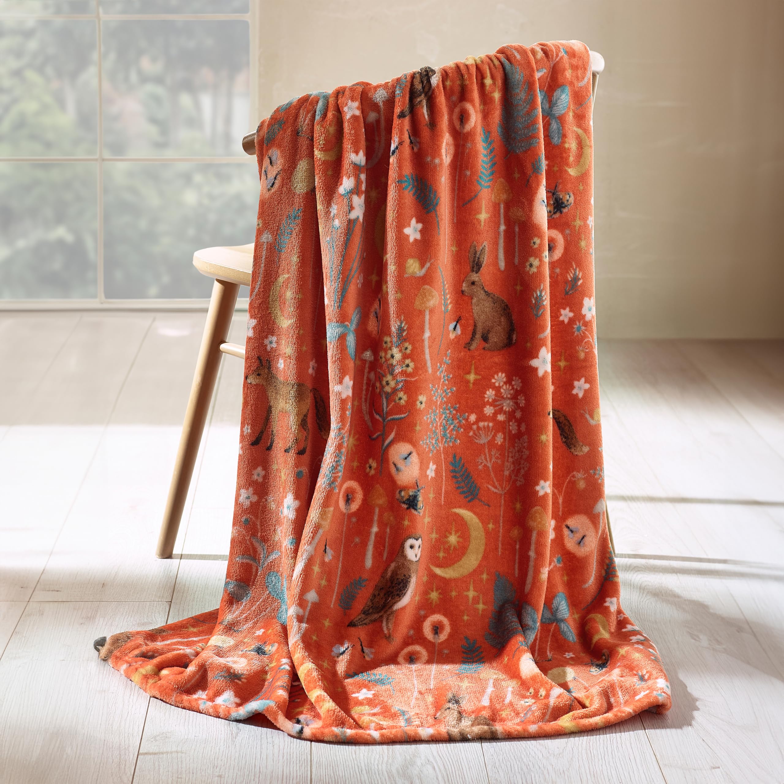 Catherine Lansfield Burnt Orange 'Enchanted Twilight Animals' Cosy Fleece Blanket Throw In | Size: 130Cm X 170Cm