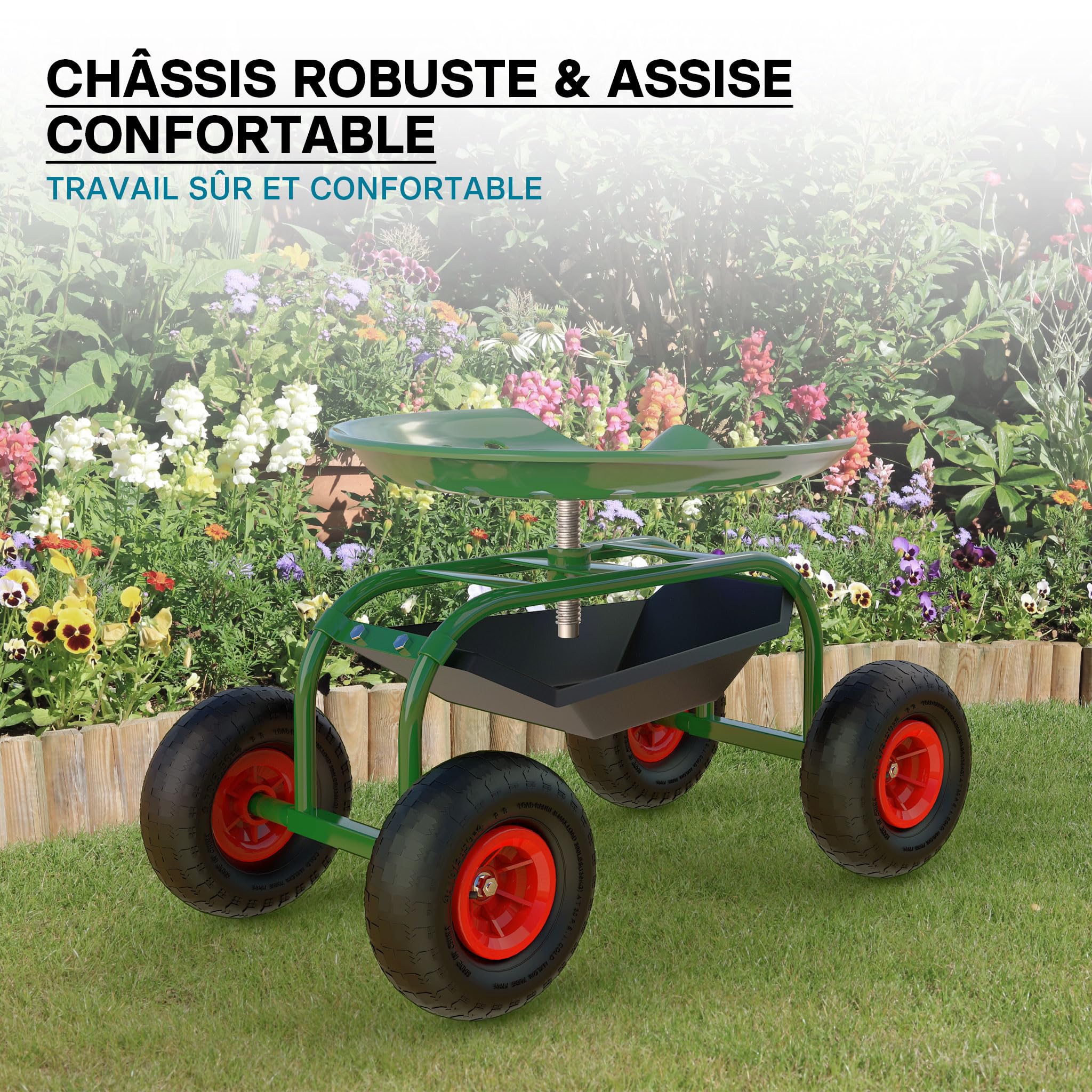 WilTec Siège de Jardin sur Larges Roues Charge 150kg Max. Chariot Coulissant Jardinage Repose-Genoux Outil