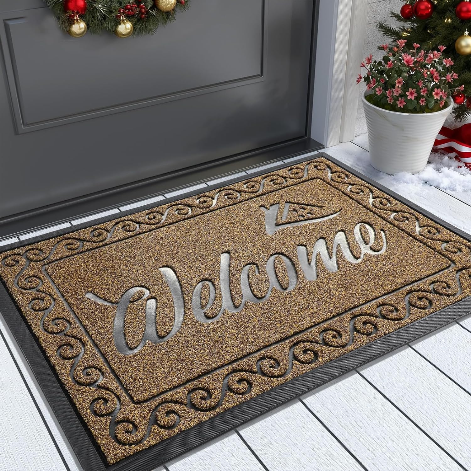 Yimobra Welcome Mat, Heavy Duty Sturdy Door Mats for Home Entrance Outdoor Indoor, Front Doormat for Outside Patio Floor Entry Porch Garage Office, Waterproof, Low Profile, 36x24, Brown Brown Welcome Rectangular 36x24 Inch