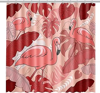 Monstera Leaf Fabric Shower Curtain for Bathroom with Design Featuring Tropical Pink Flamingos, Warm Red and White Monstera, and Banana Leaves on Washable and Waterproof Fabric