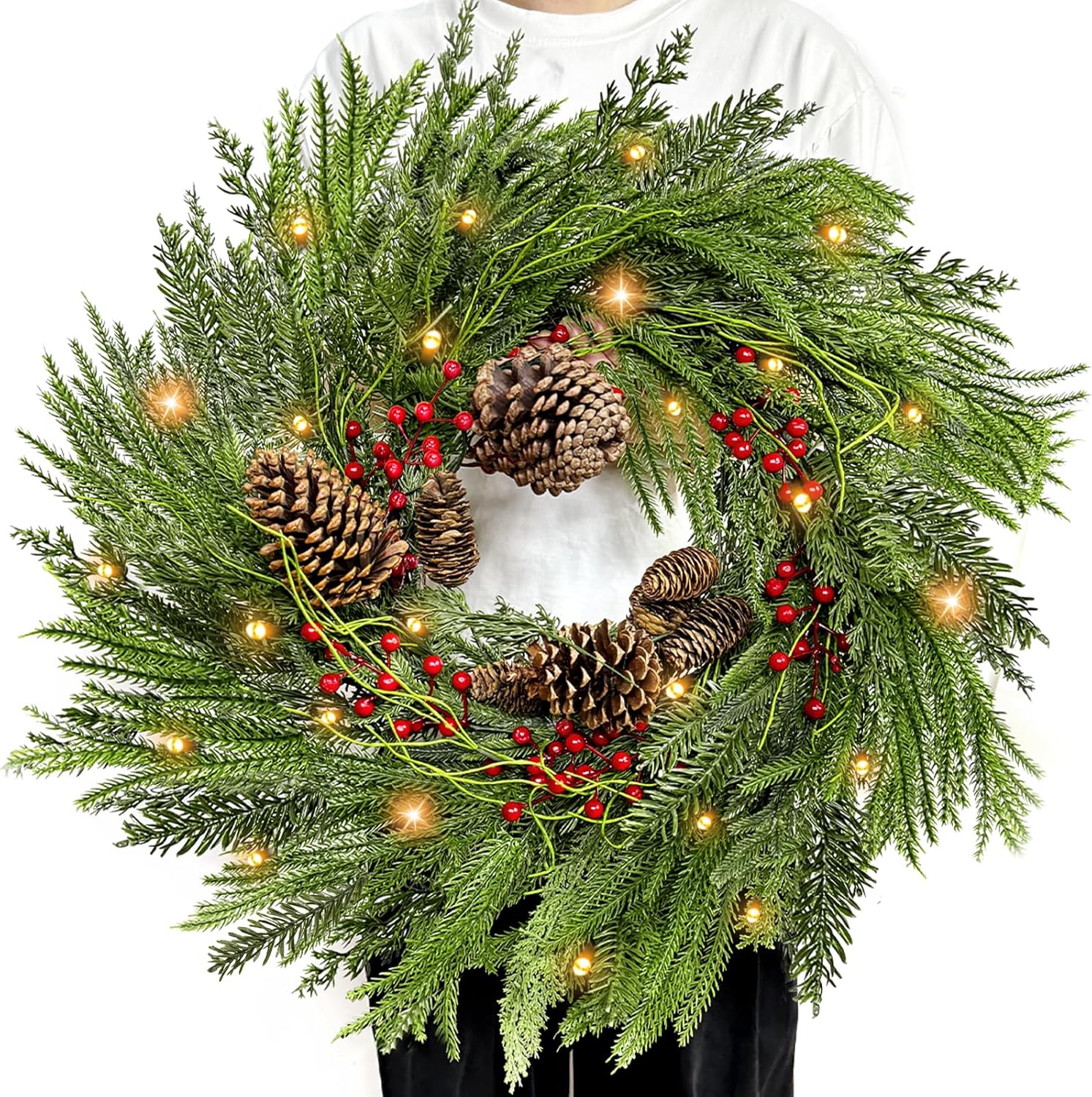 8 Modes & Timer - 24" Lighted Christmas Wreaths for Front Door with 50 LED, Real Touch Norfolk Pine Wreath Cedar&Cypress Tips Pinecones Berries Artificial Xmas Door Wreath for Home Indoor Wall Window