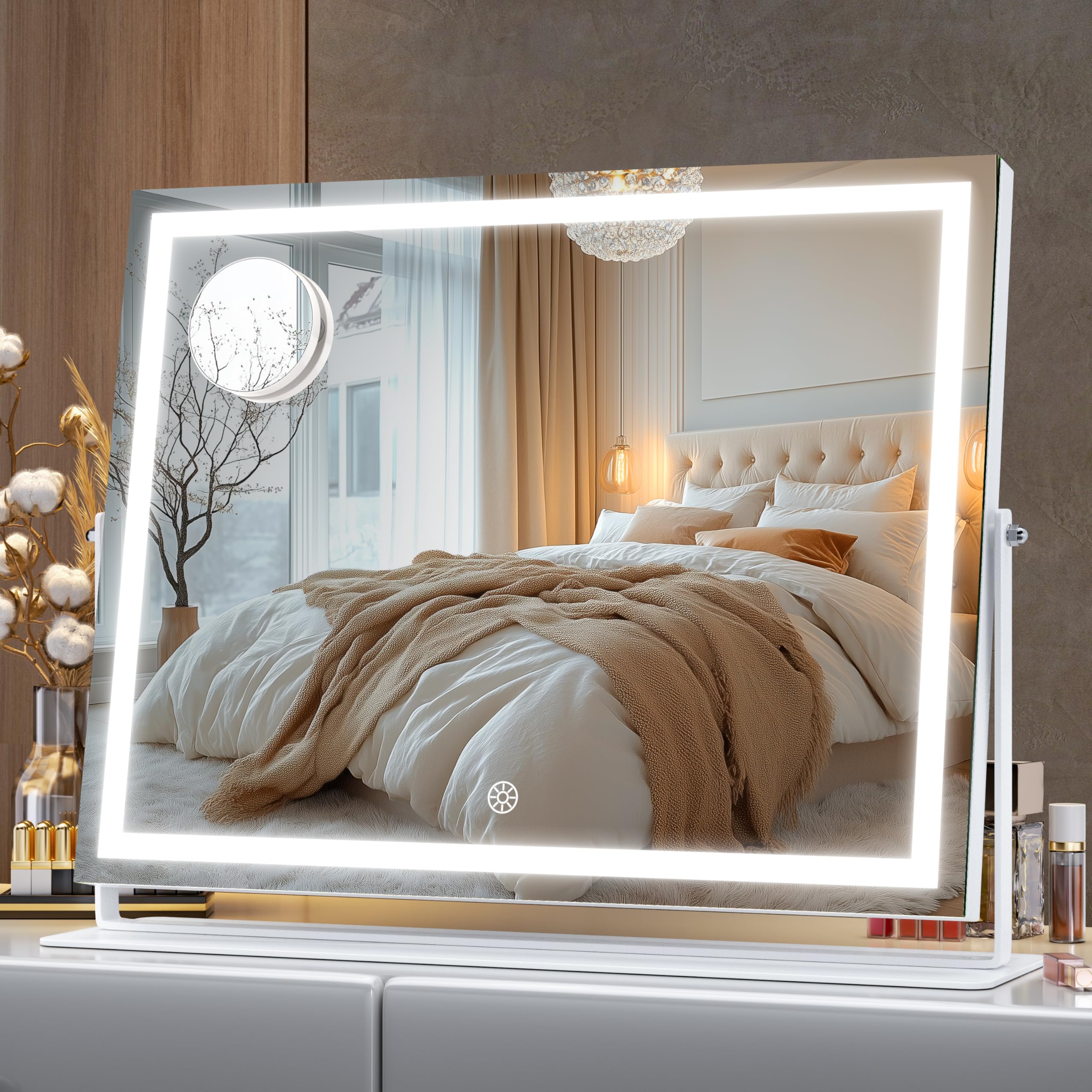 Hasipu Vanity Mirror with Lights, 17.7" x 13.8" LED Makeup Mirror, 3 Color Modes Touch Control and Brightness Adjustment Lighting Mirror, 10X Magnifying Glass, 360° Rotation