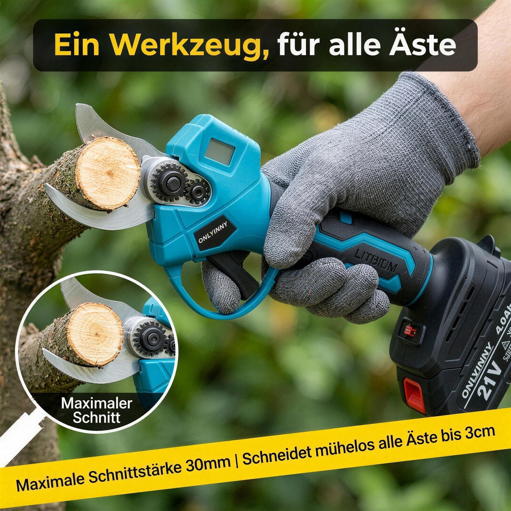 21V Akku Gartenheckenschere mit Teleskopstange, 40mm Schnittstärke, 2-in-1 Gerät mit 2 Akkus für Obstbäume, Hecken und Gartenpflege