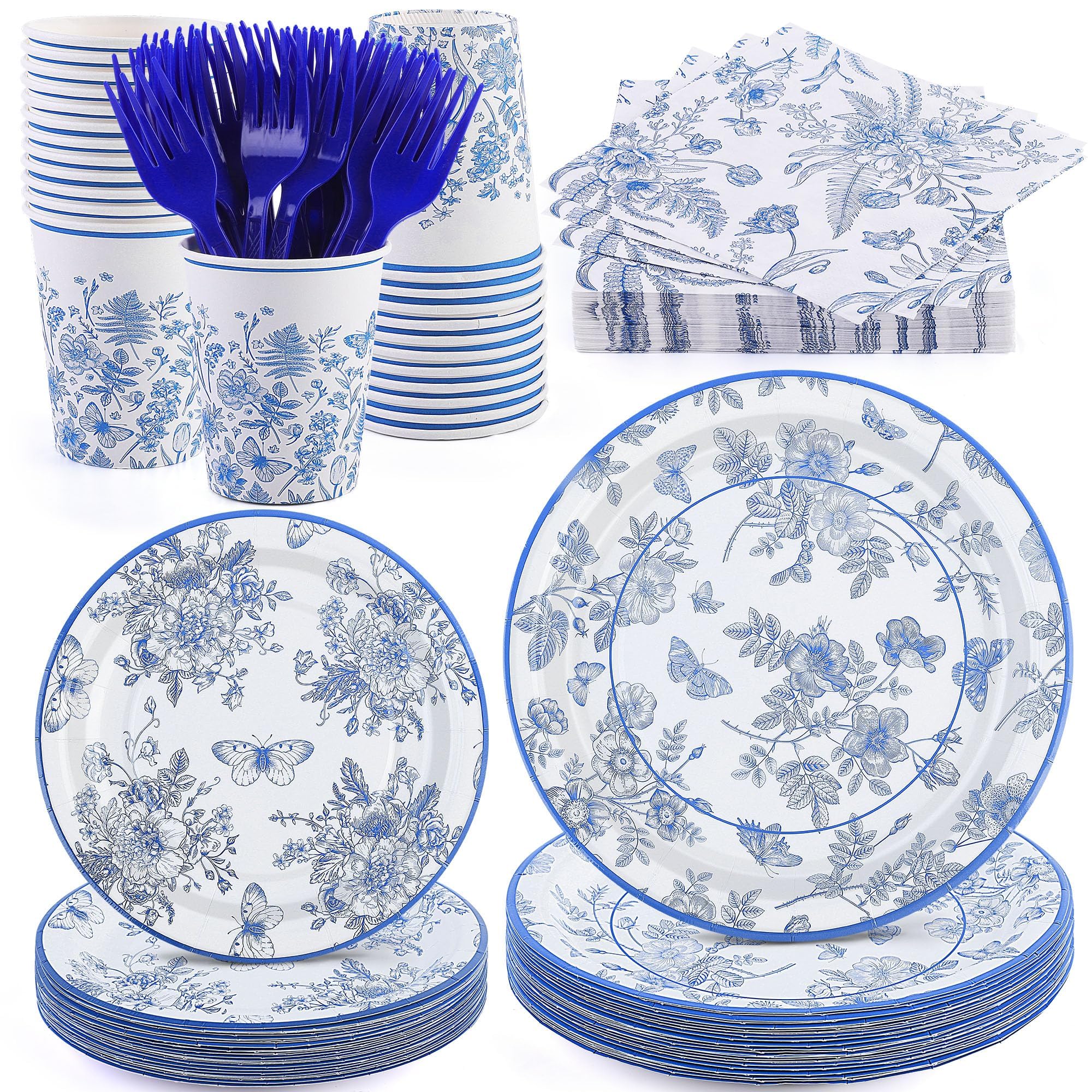 durony 144 Pieces Blue and White Flower Disposable Tableware Set 9 Inch 7 Inch Elegant Floral Paper Plates Blue Floral Cups Napkin and Forks Serve 24 for Birthday Baby Shower Party Supplies