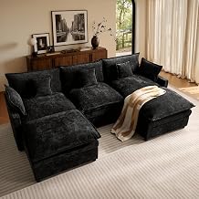 ovios 108" Cloud Couch Deep Seat Sofa with Thick Cushion, 3-Seater U-Shaped Modular Sectional Sofas with 2 Ottomans 5 Throw Pillows, Modern Comfy Chenille Couches, Black