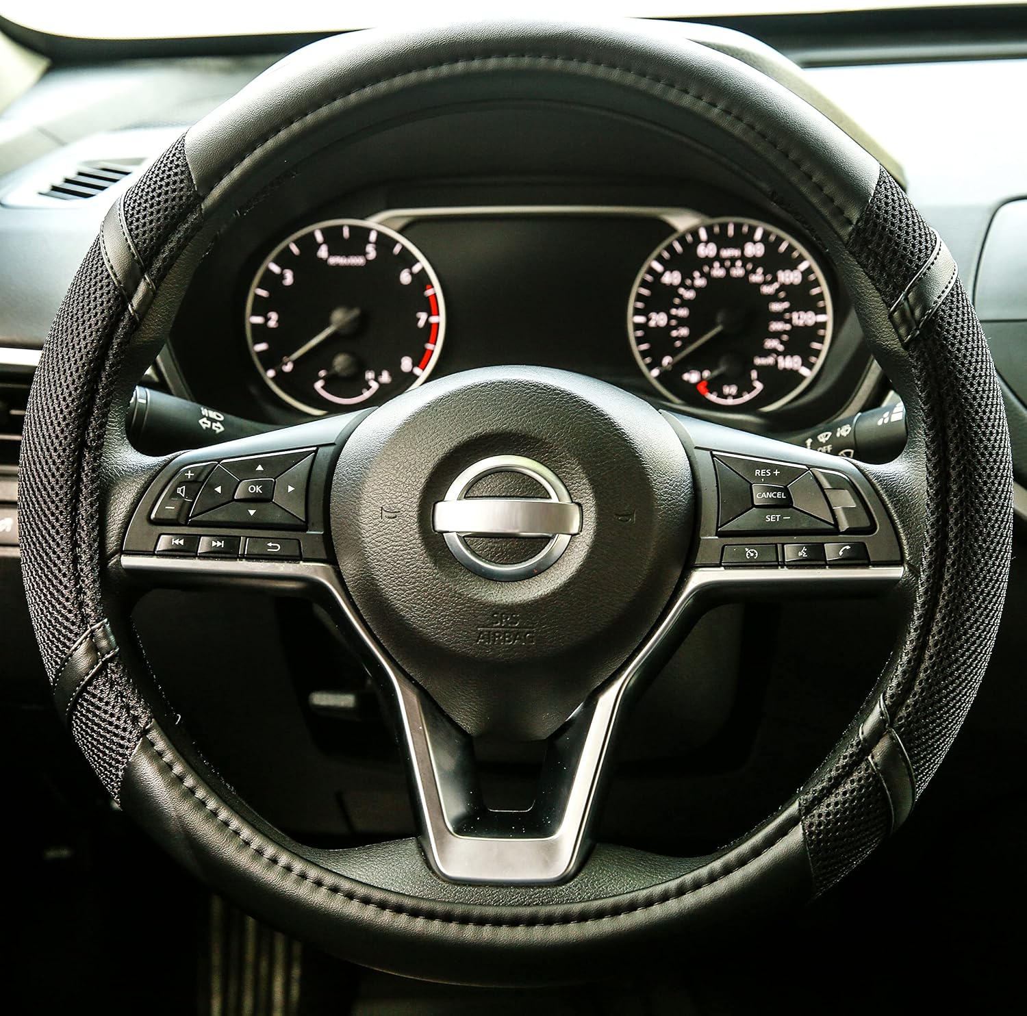 DSV Standard | Black Leather Car Steering Wheel Cover | Breathable, Anti - Slip Odorless | Warm in Winter and Cool in Summer | Genuine Leather Steering Wheel Cover 15 Inches (37cm to 39 cm)