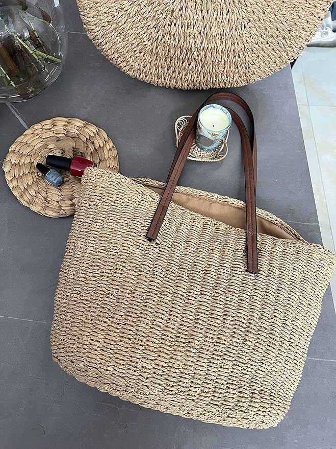 YIXLEE Bolsa de Paja para Mujeres | Talla Mediana Bolsa de viaje Bolsas tejidas Verano Hechas a mano miniatura 3