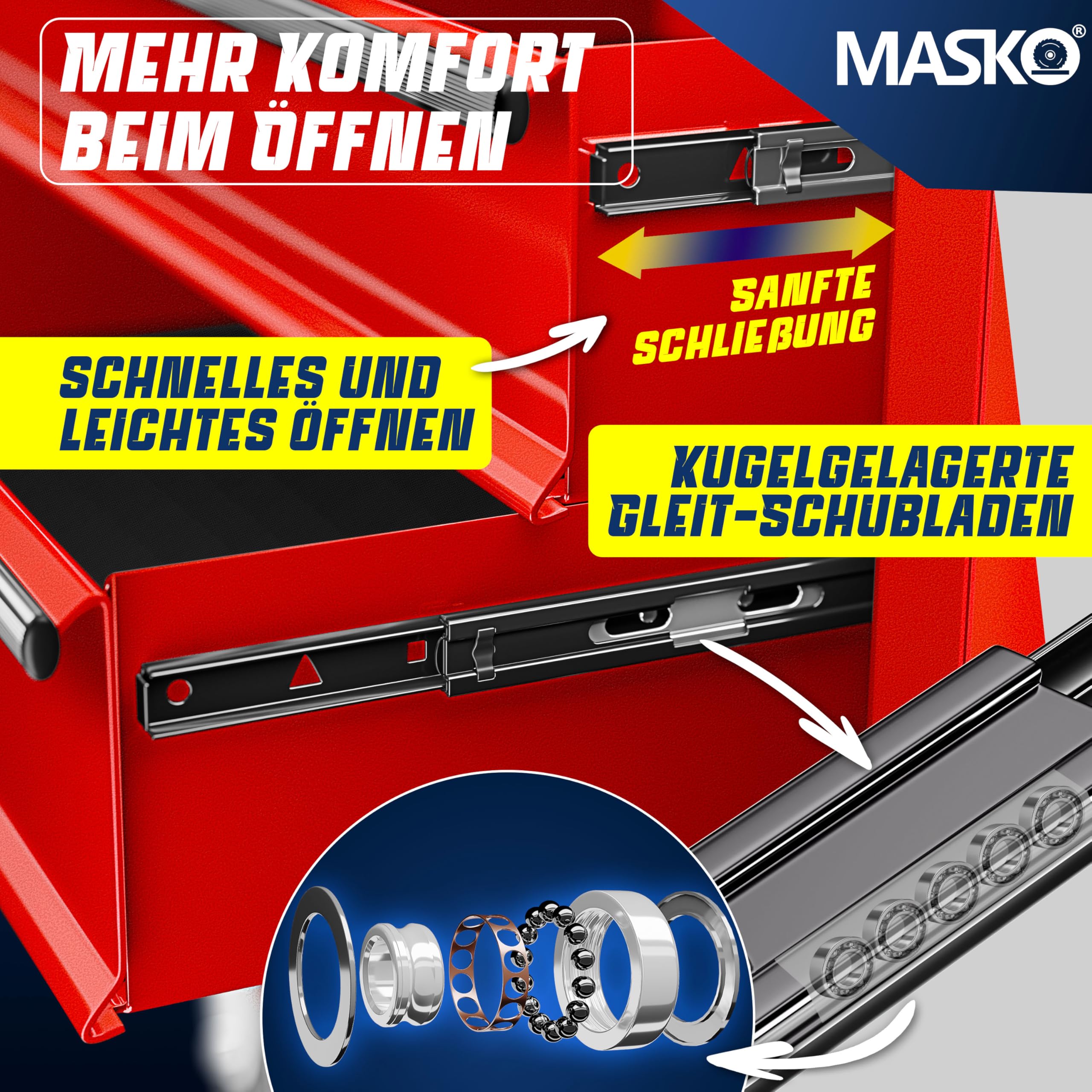 Masko® Carro de taller con 5 cajones y cerradura, rojo, metal macizo. Carro de herramientas profesional y movible sin equipamiento, carrito con ruedas para almacenamiento de herramientas con candado