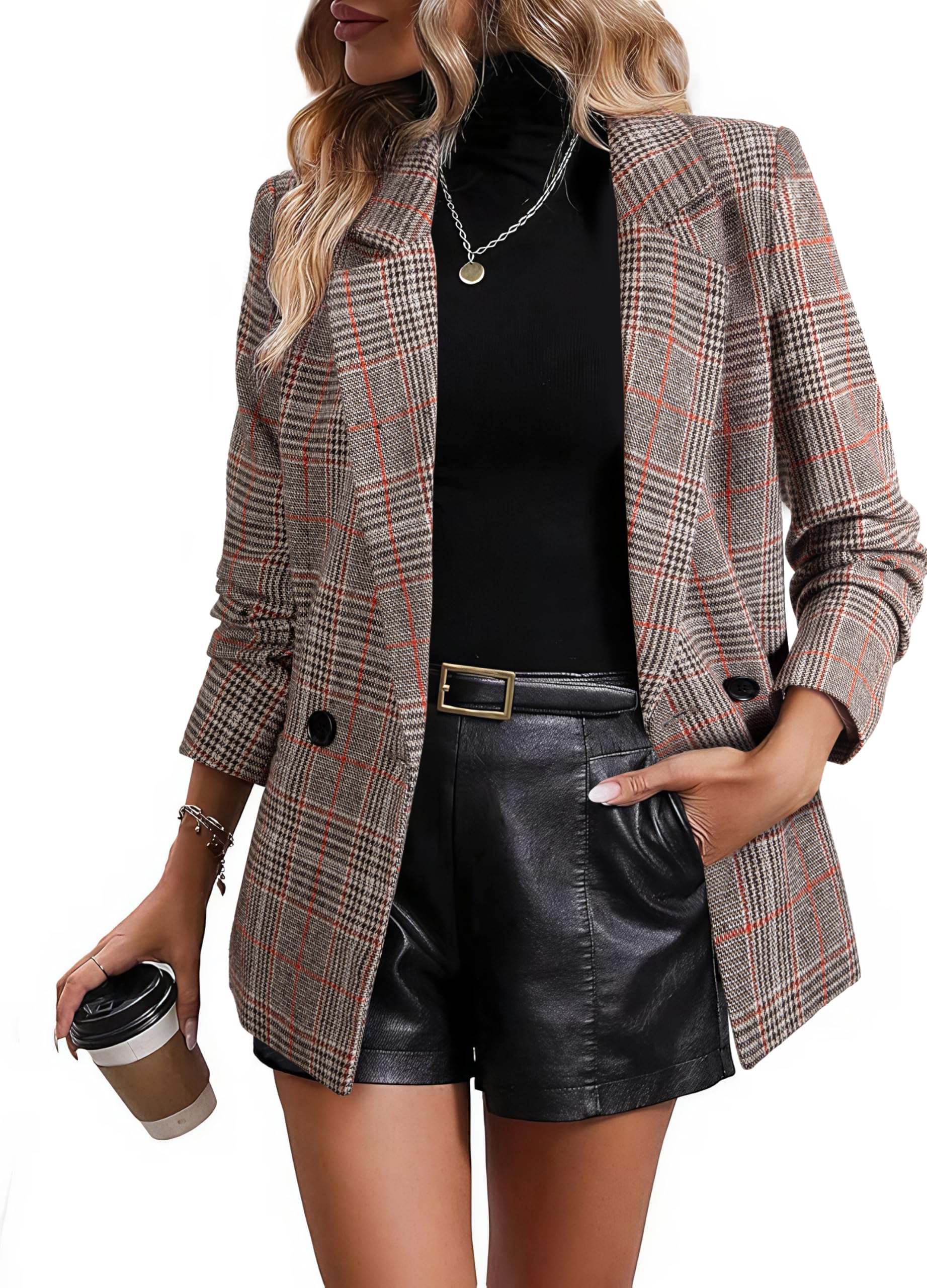 Happy Sailed Womens Plaid Blazer Classic Lapel Collar Double Breasted Open Front Blazers Jackets Work Suit with Pockets