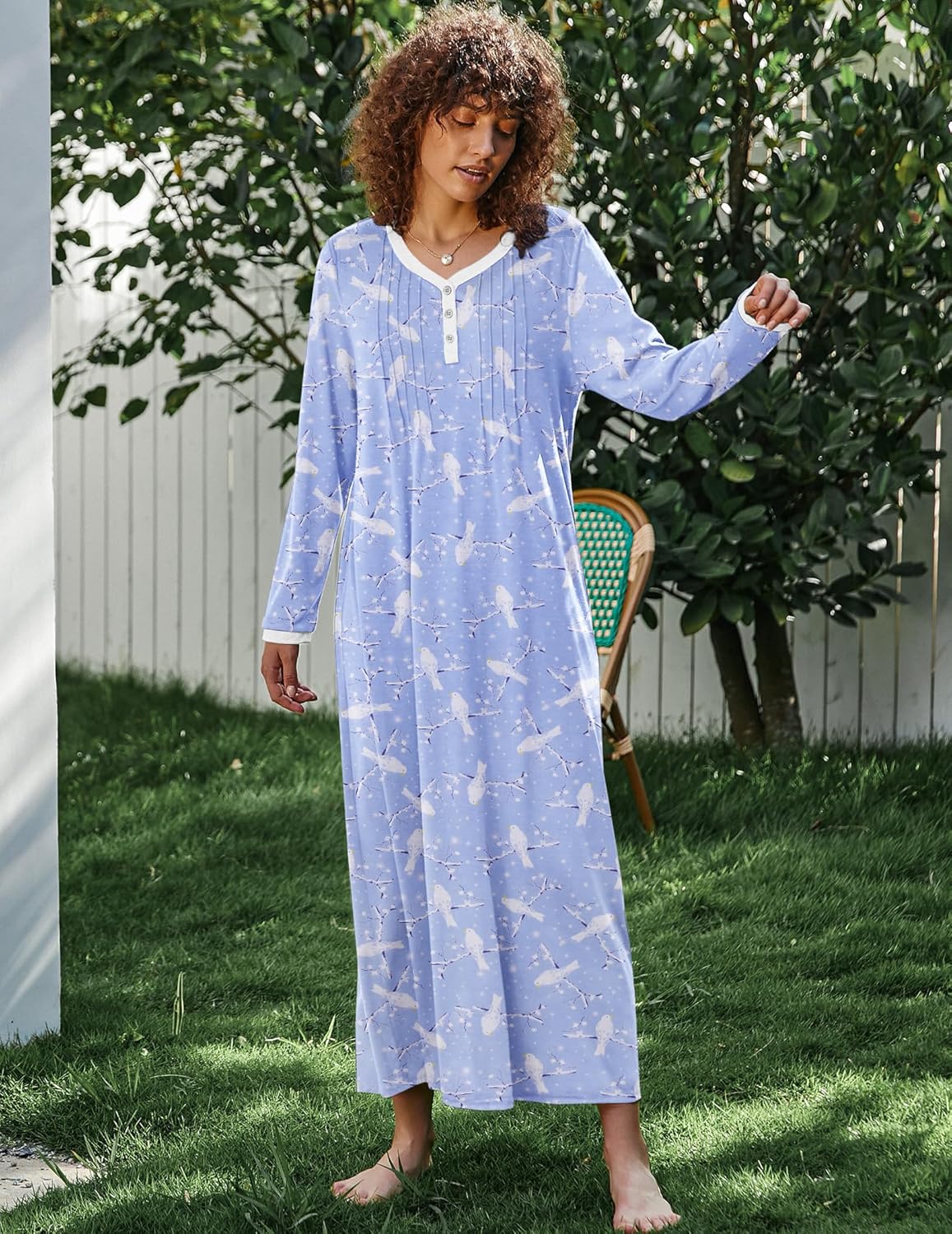 Ekouaer Women's Long Sleeve Nightgown Full Length Sleepwear Long Sleepshirts Henley Sleep Dress S-4XL - Image 5