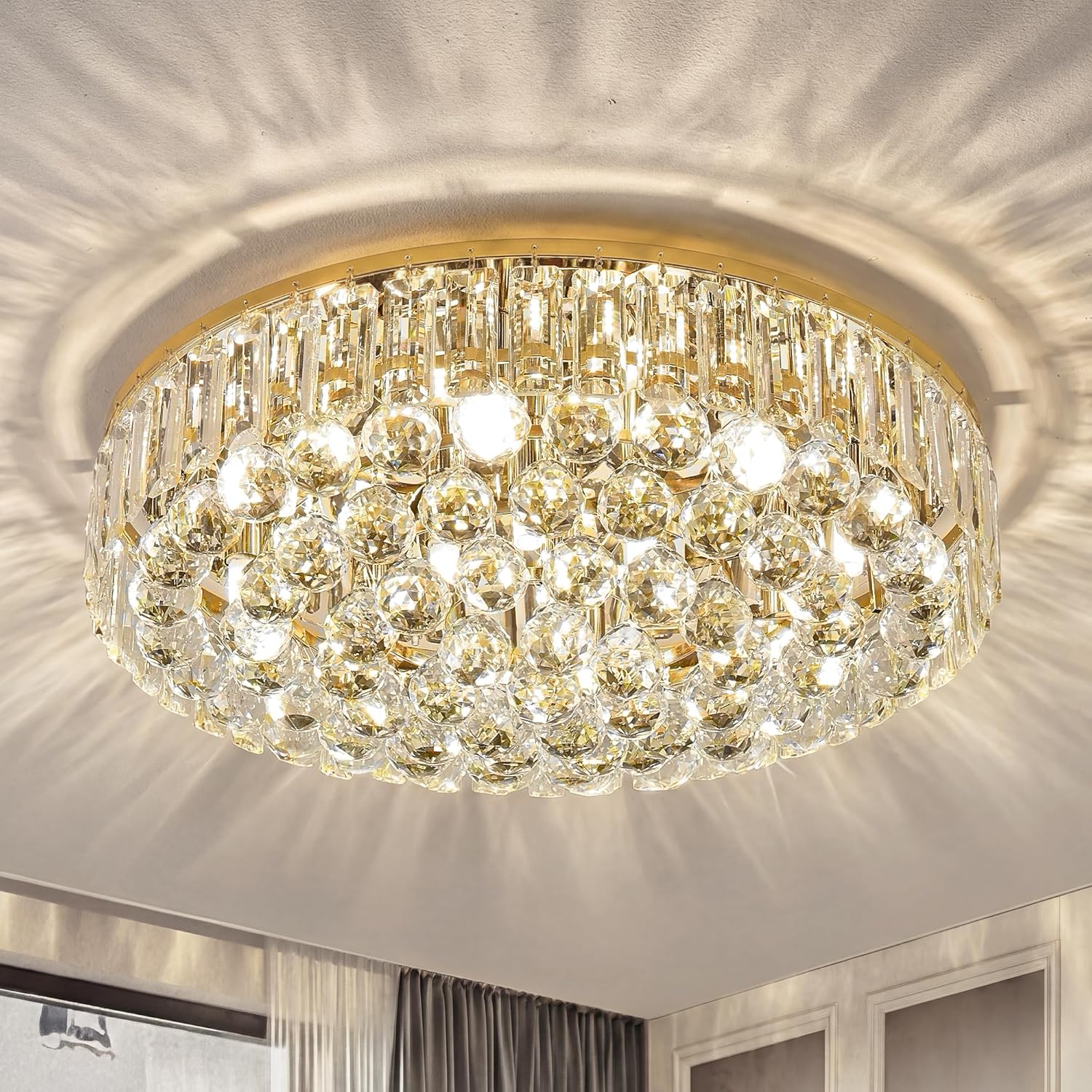20" Gold Round Crystal Flush Mount Ceiling Light for 10-18㎡ Rooms, 12 G9 Bulbs Not Included, Cylinder Design with Dome Prisms, Dimmable Chandelier for Living Room/Bedroom