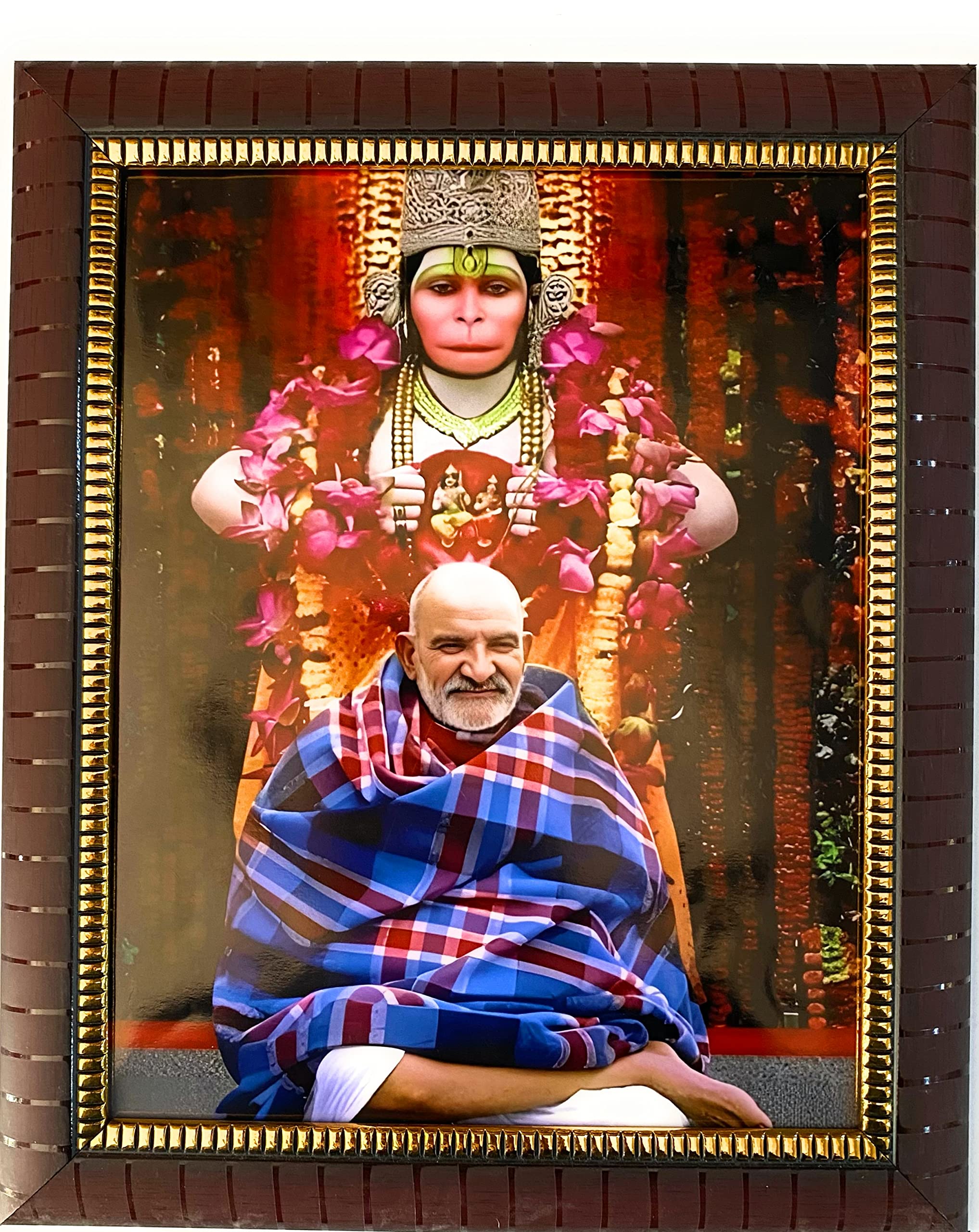 Bajaj Creations Engineered Wood Rectangular Neem Karoli Baba Religious Photo Frame Painting | Lord Hanuman Swaroop | For Mandir Home And Office Wall Mount (10X12 Inch (Large) (Multi)