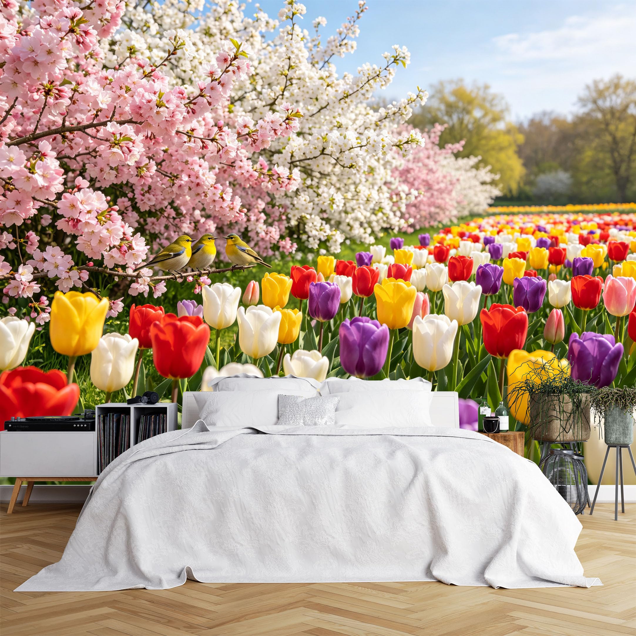 Lcythiazole Ch260615250 Custom Size Wall Murals Cherry Blossom Tulip Field Little Birds Spring Floral Wall Murals Self-Adhesive Wall Fabric (No Pvc) Removable Wallpaper For Living Room