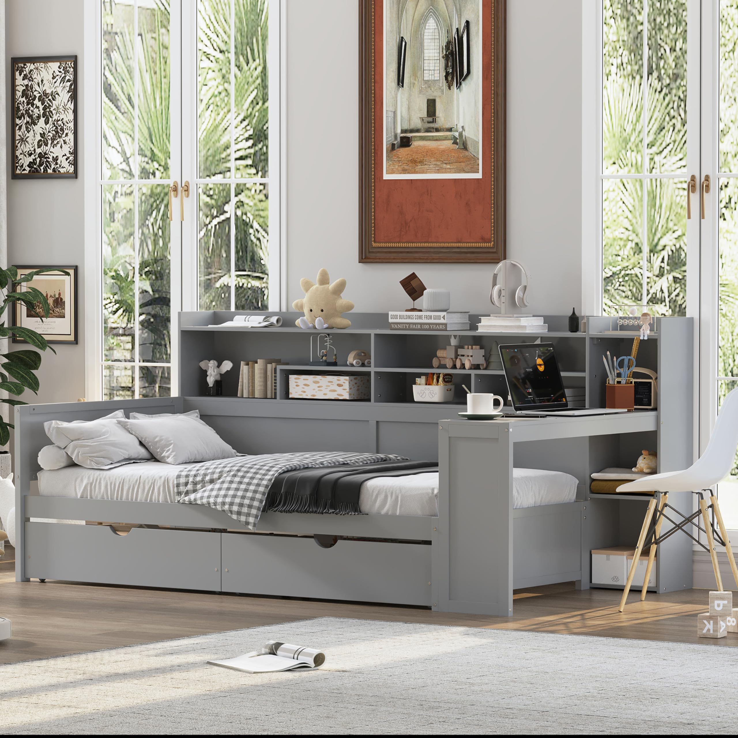 Twin Corner Bed Frame with Storage Shelves and Desk, Wood Twin Size Daybed with Bookcase and Drawers and Storage, Gray