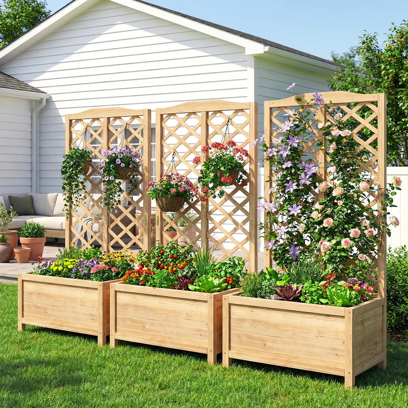 SUNYRISY Holz Hochbeet mit Rankgitter Blumenkasten mit Rankhilfe | Garten Pflanzkübel mit Spalier, Sichtschutz Garten Pflanzkasten Pflanzkübel für Anbau Kletterpflanzen, 76 x 40 x 150 cm