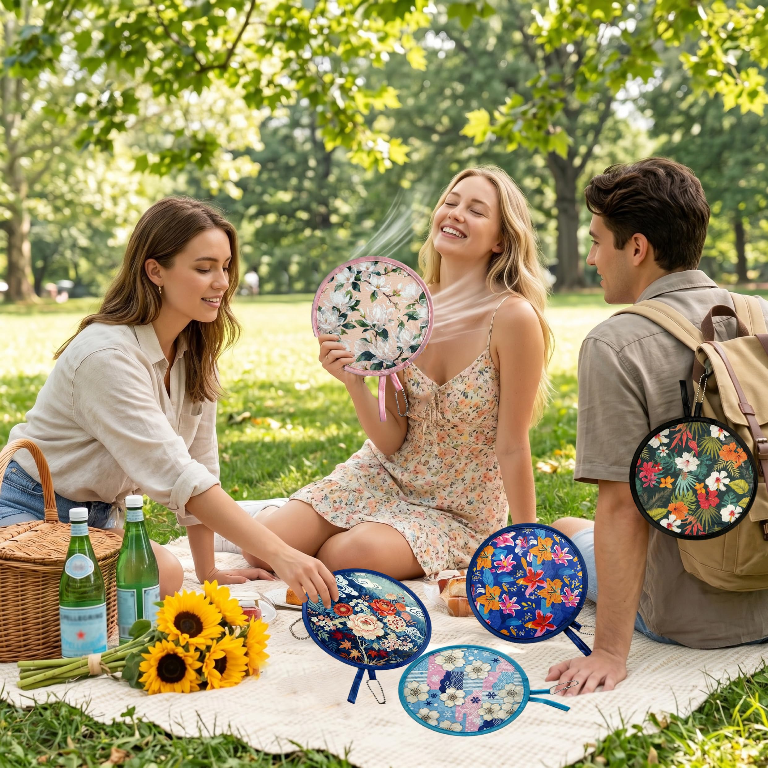 6-teiliges faltbares Handfächer-Set mit Blumenmuster, faltbarer Handfächer im Vintage-Flying-Disc-Design, tragbare runde Fächer für Sommerreisen, Hochzeiten, Partys