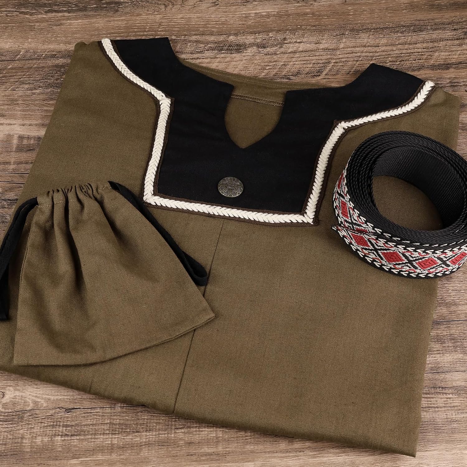 HiiFeuer 3 PCs Medieval Tunic Set, Renaissance Patchwork Top Costume Sash Belt Drawstring Canvas Bag Pirate Shirt Ren Faire