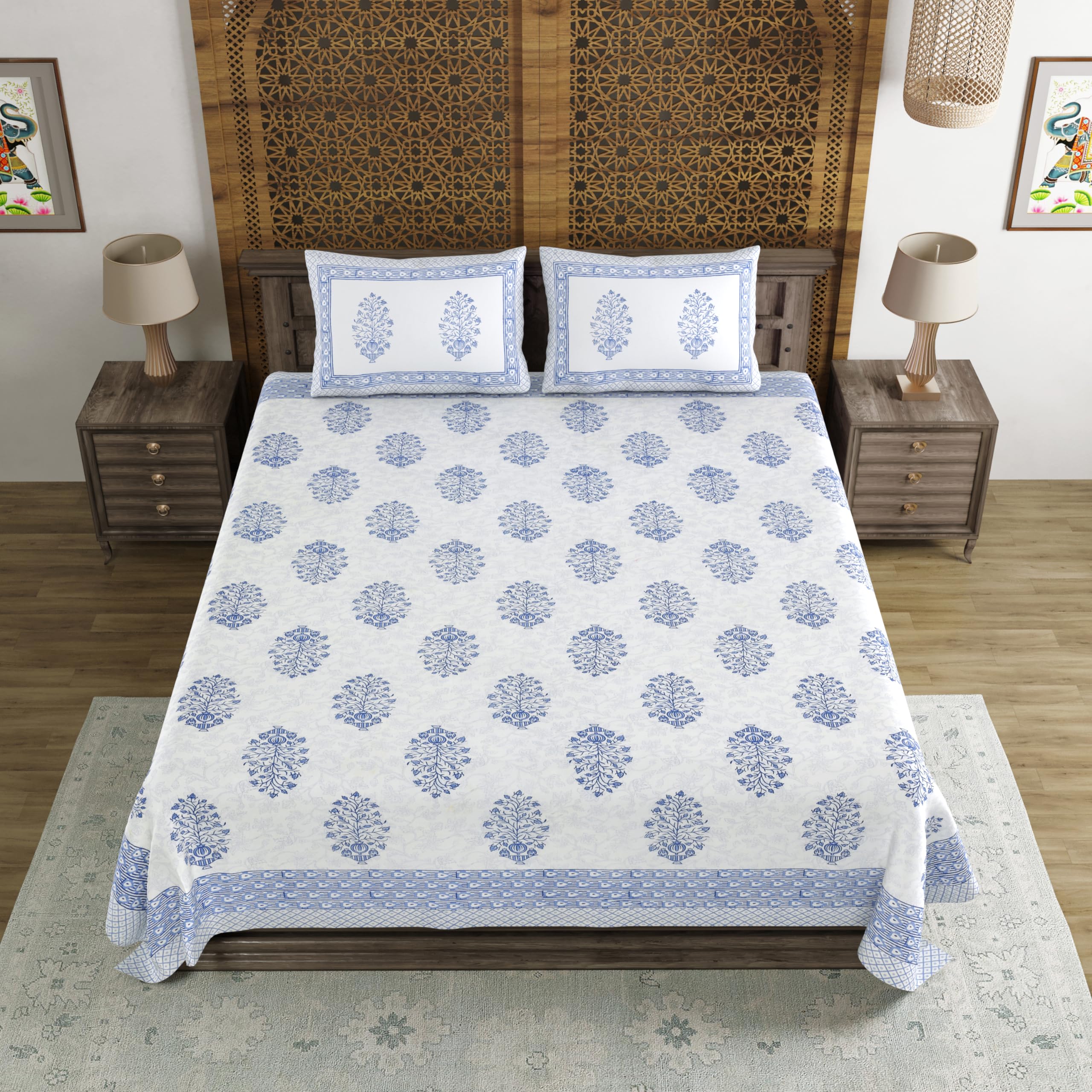 BLOCKS OF INDIA Hand Block Printed 200 TC Cotton King Size Bedsheet (Blue Pot)