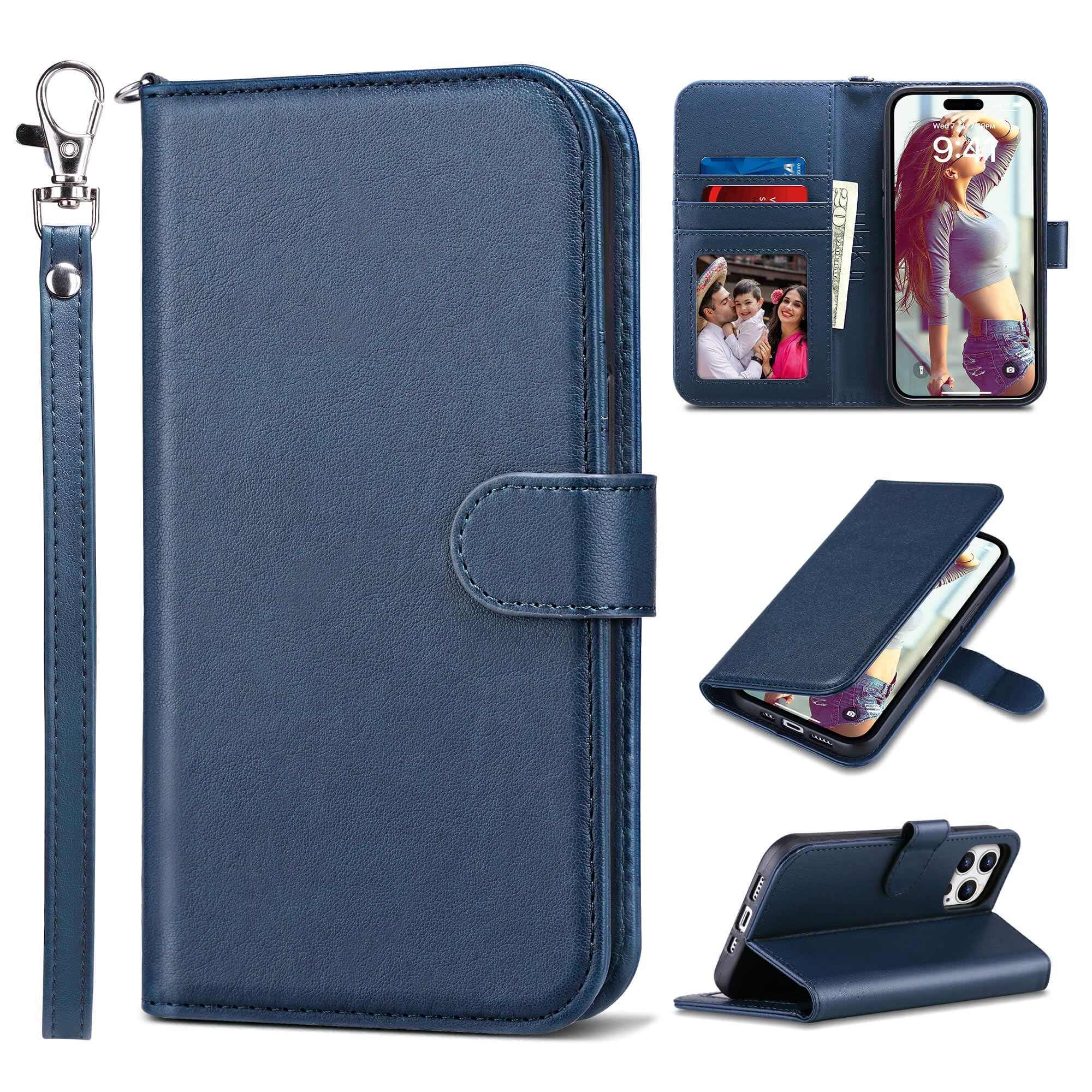 ULAK Wallet Case for iPhone 15 Pro 2023, Premium PU Leather Folio Wallet Case with Kickstand RFID Blocking Card Slots Wrist Strap Shockproof Phone Cover Compatible with iPhone 15 Pro 6.1", Navy Blue