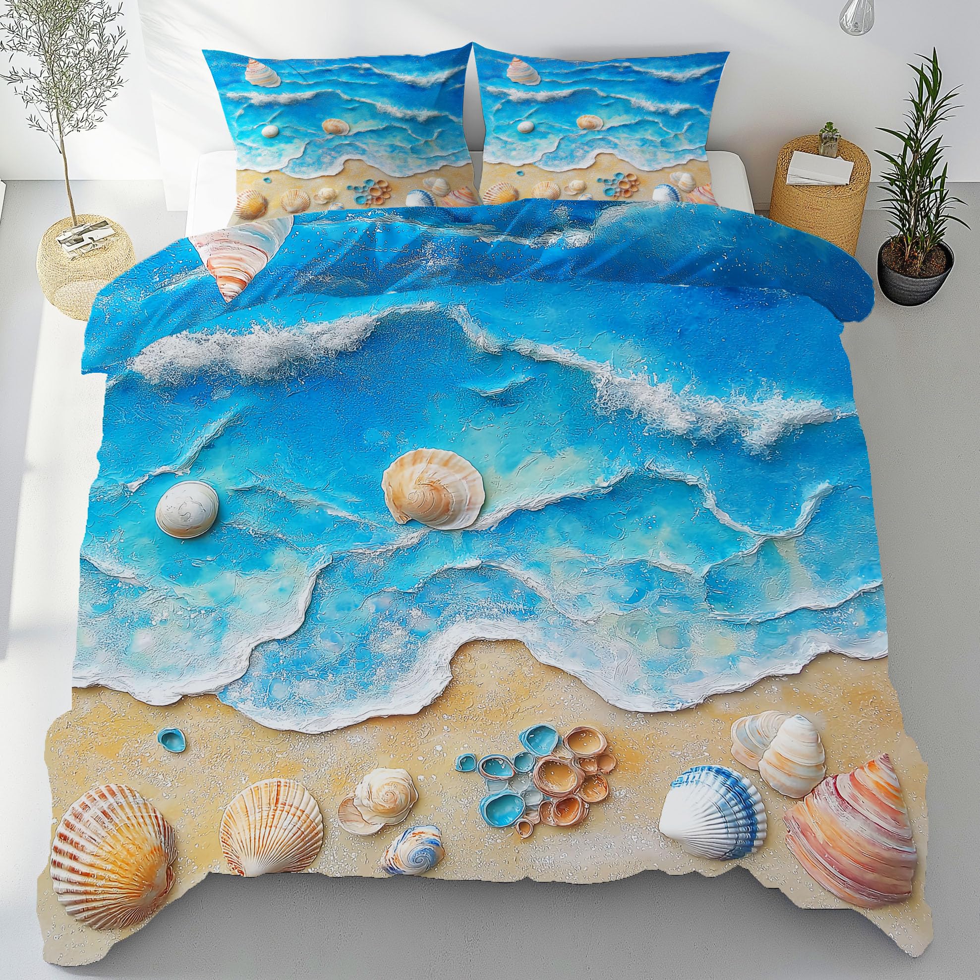Housse de Couette 240x260 Été Thème Marine en Microfibre avec 2 Taies d'Oreiller