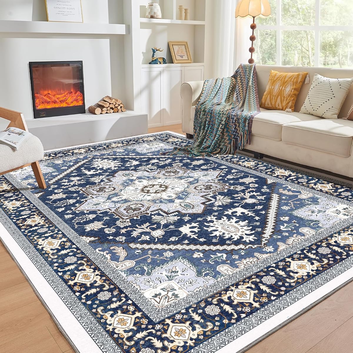 OPPODREAM Thin Area Rugs 8x10 for Living Room, 8x10 Area Rugs, Washable Rugs 8x10 with Non Slip Backing, Faux Cashmere Low-Pile 8 x 10 Carpet, Navy Blue & Golden