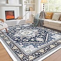 OPPODREAM 5x7 Washable Area Rug Non-Slip Faux Cashmere Low-Pile Carpet Navy Blue Gold Soft Velvet Feel