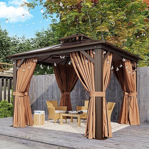 Aoxun 10'x10' Hardtop Gazebo, Outdoor Polycarbonate Double Top Canopy, Aluminum Frame Gazebo with Netting and Curtains, Sunshade for Patios, Gardens, Lawns