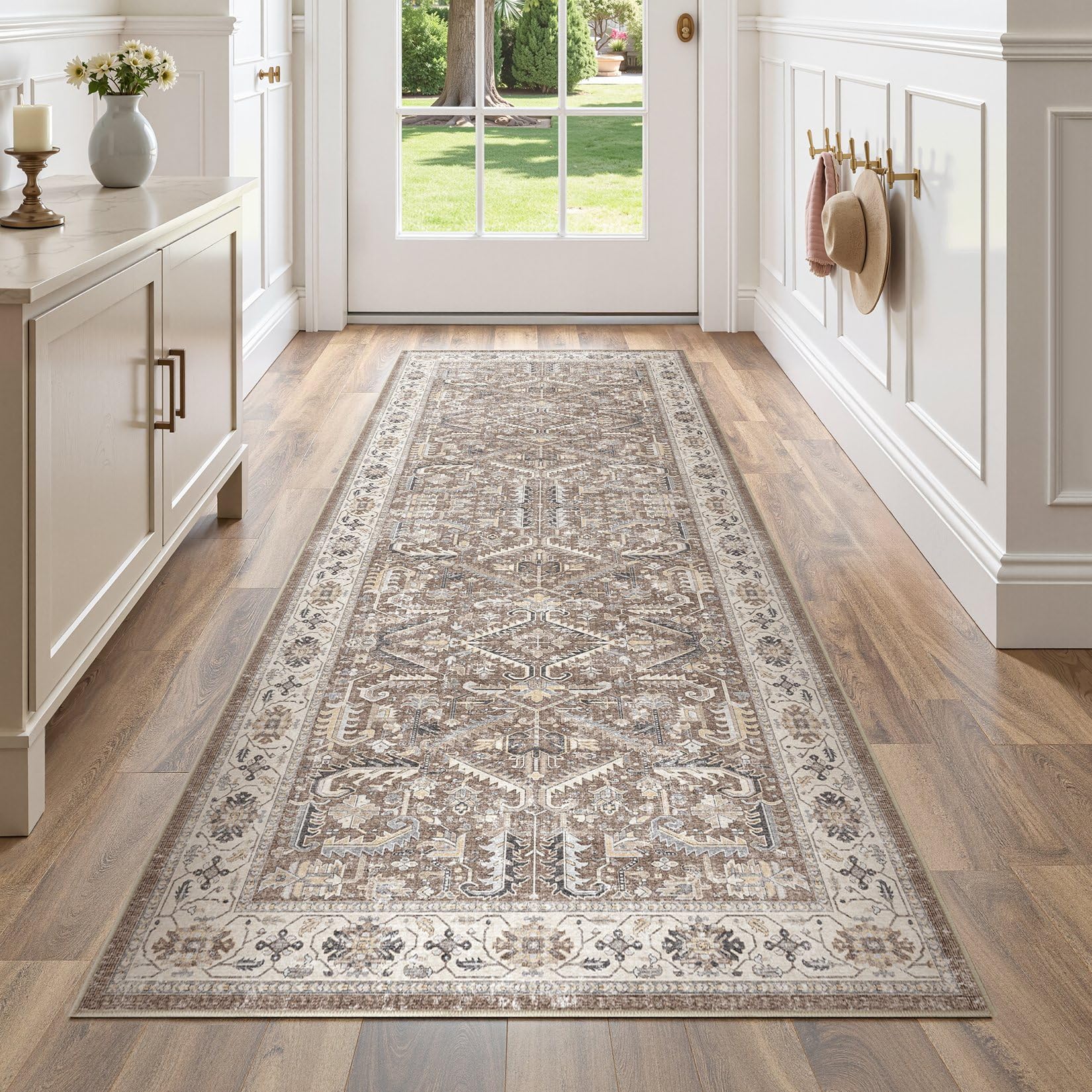 3x8 Washable Hallway Runner Rug :Vintage Large Soft Entryway for Kitchen Laundry Room Runner with Non Slip Backing Farmhouse for Bedroom Bathroom Living Room Stain Resistant Carpet-Brown