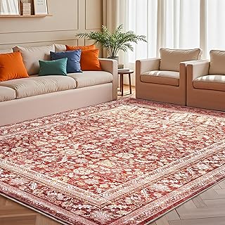 OPPODREAM Thin Vintage Red Area Rugs 5x7, 5 x 7 Retro Washable Rug Non S...