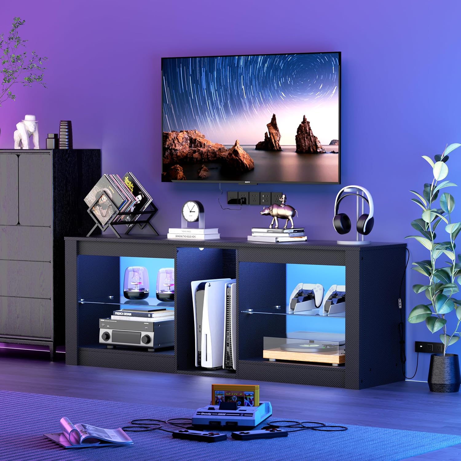 GRLEAF LED TV Stand for 50/55/60/65 Inch TV, Entertainment Center with Lights, Modern TV Console with Glass Shelves and Storage Cabinet, Media Center for Gaming Living Room Bedroom -Carbon Fiber Black - Image 2