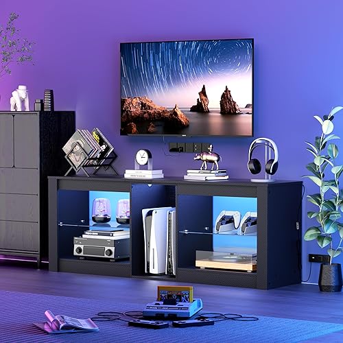 Miniatura 2 de GRLEAF Soporte de TV LED para TV de 50/55/60/65 pulgadas, centro de entretenimiento con luces, consola de TV moderna con estantes de vidrio