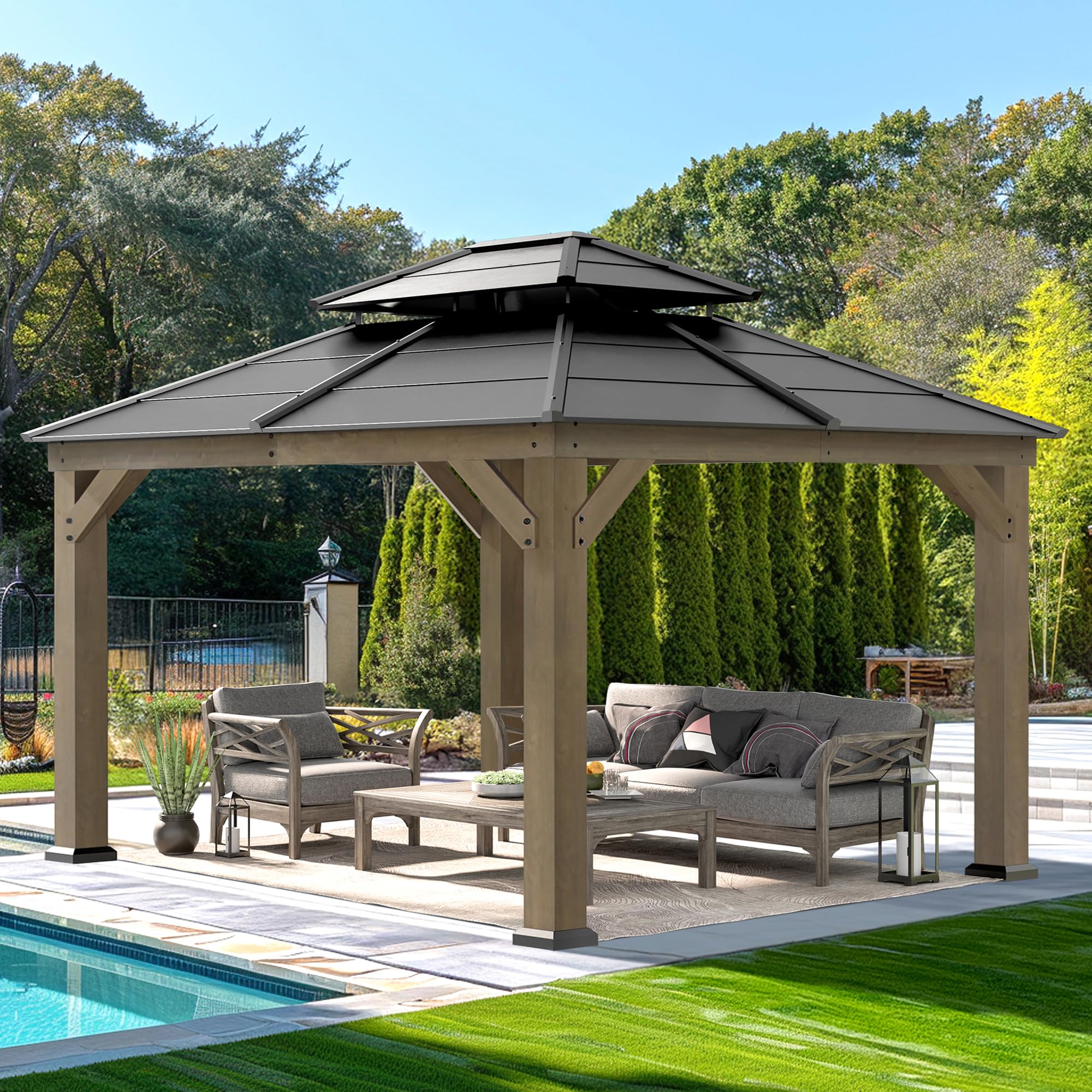 Modern Shade Wood Gazebo 11' x 13', Cedar Framed Wooden Gazebo with Double Galvanized Steel Roof, Hardtop Gazebo with Sturdy Hooks for Garden, Backyard Patio and Deck
