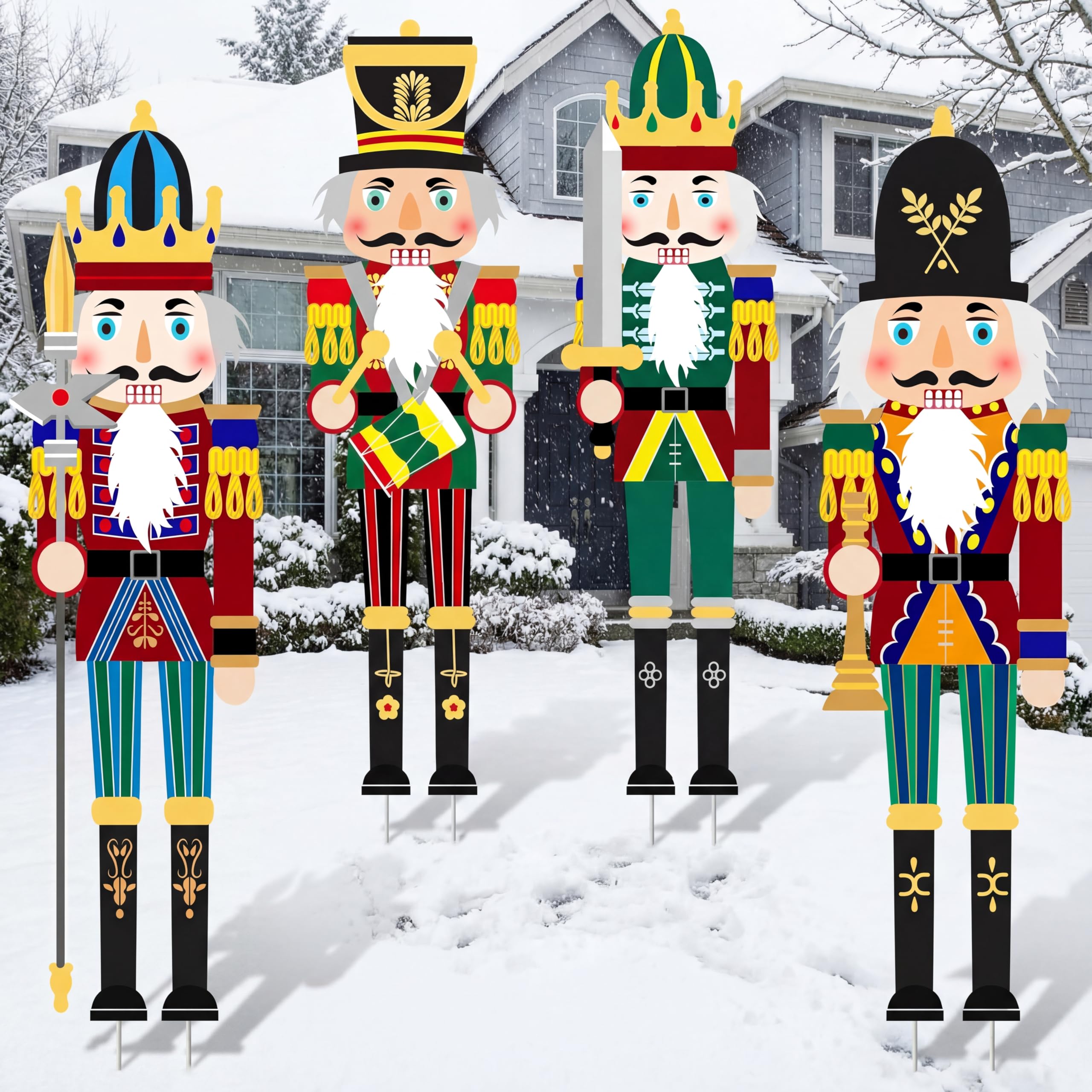 Soaoo Lot de 4 Panneaux de Noël Casse-Noisette avec Grands piquets pour décoration de Cour de Noël, décoration de Noël pour extérieur, pelouse, Porche