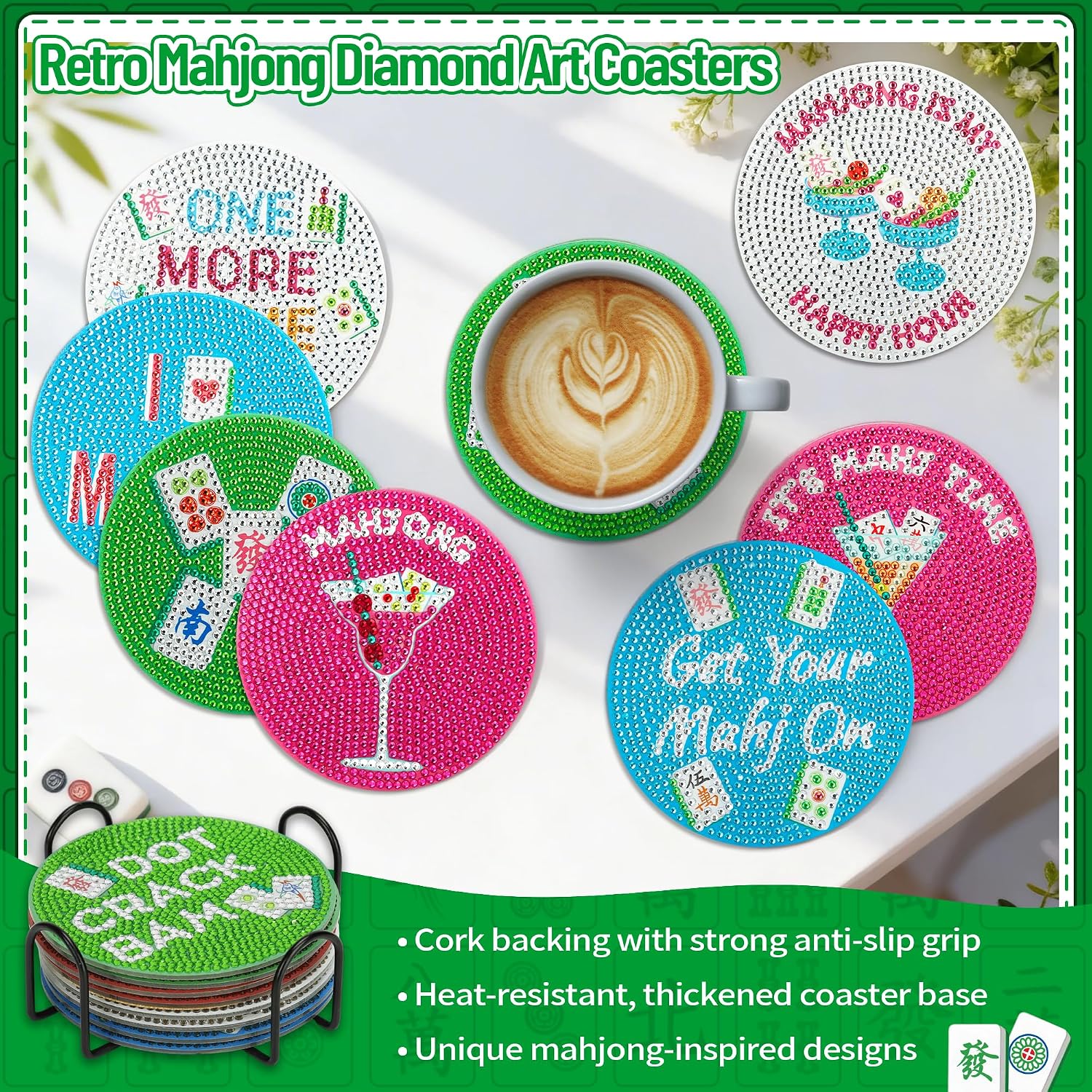 EliteEcho 8 PCS Mahjong Diamond Art Coasters Kit, Diamond Painting Coasters with Holder & Cork Backing, Retro Mah Jong Drink Coasters DIY Craft Kit for Adults, Mahjong Gifts & Party Accessories