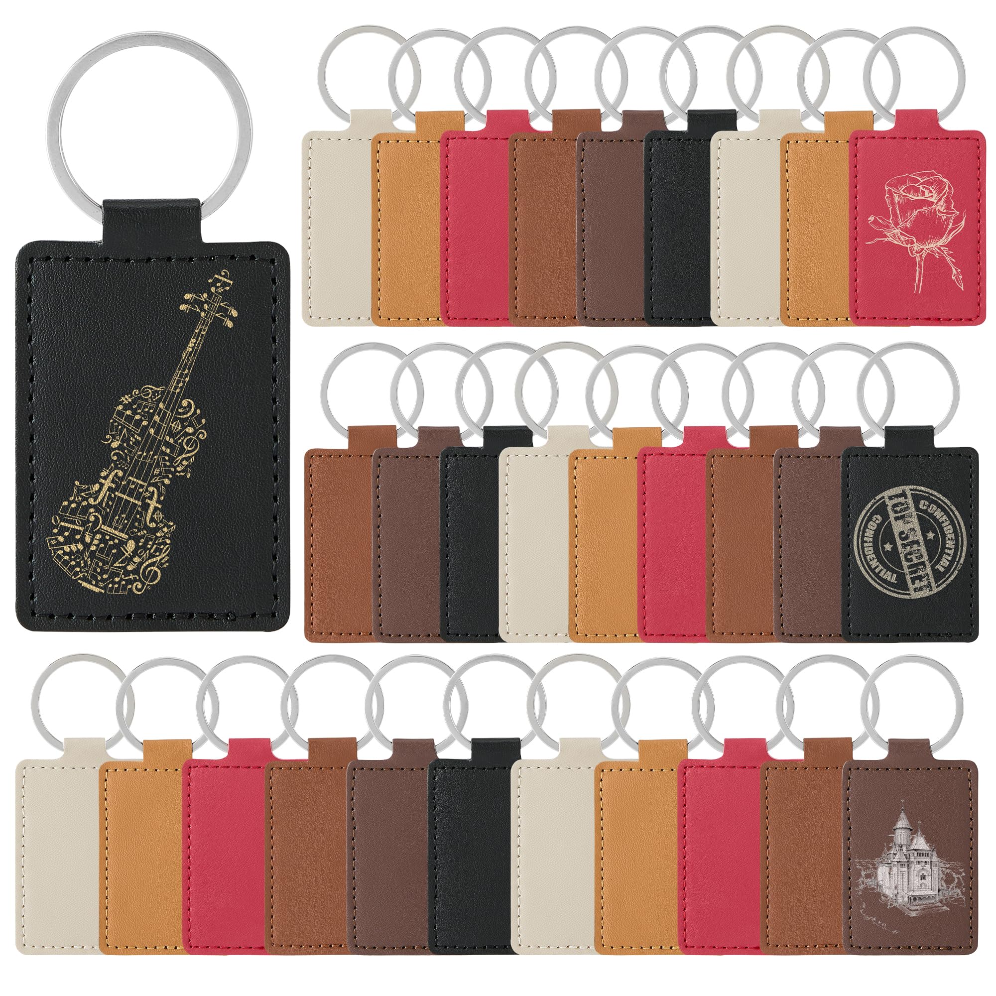 30-teiliges DIY-Leder-Schlüsselanhänger-Set, rechteckig, PU-Leder-Schlüsselanhänger mit Metall-Schlüsselanhängerringen, 6 Farben für Lasergravur, Stempeln, Malen, Arbeiten, Schlüsselanhänger